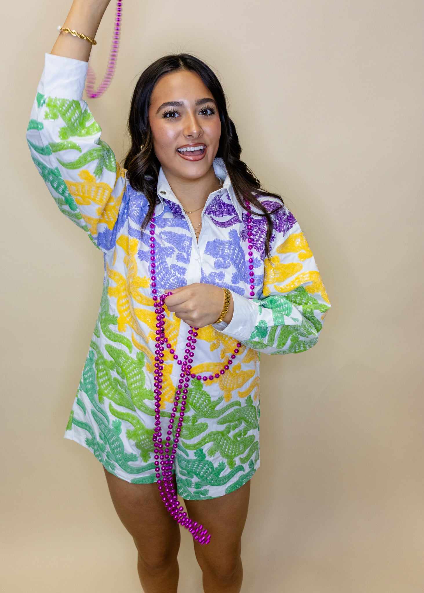 White, Purple, Yellow & Green Alligator Button Up Cotton Romper