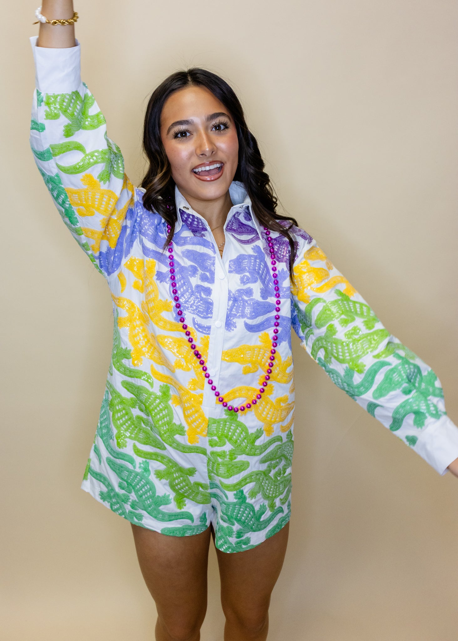 White, Purple, Yellow & Green Alligator Button Up Cotton Romper