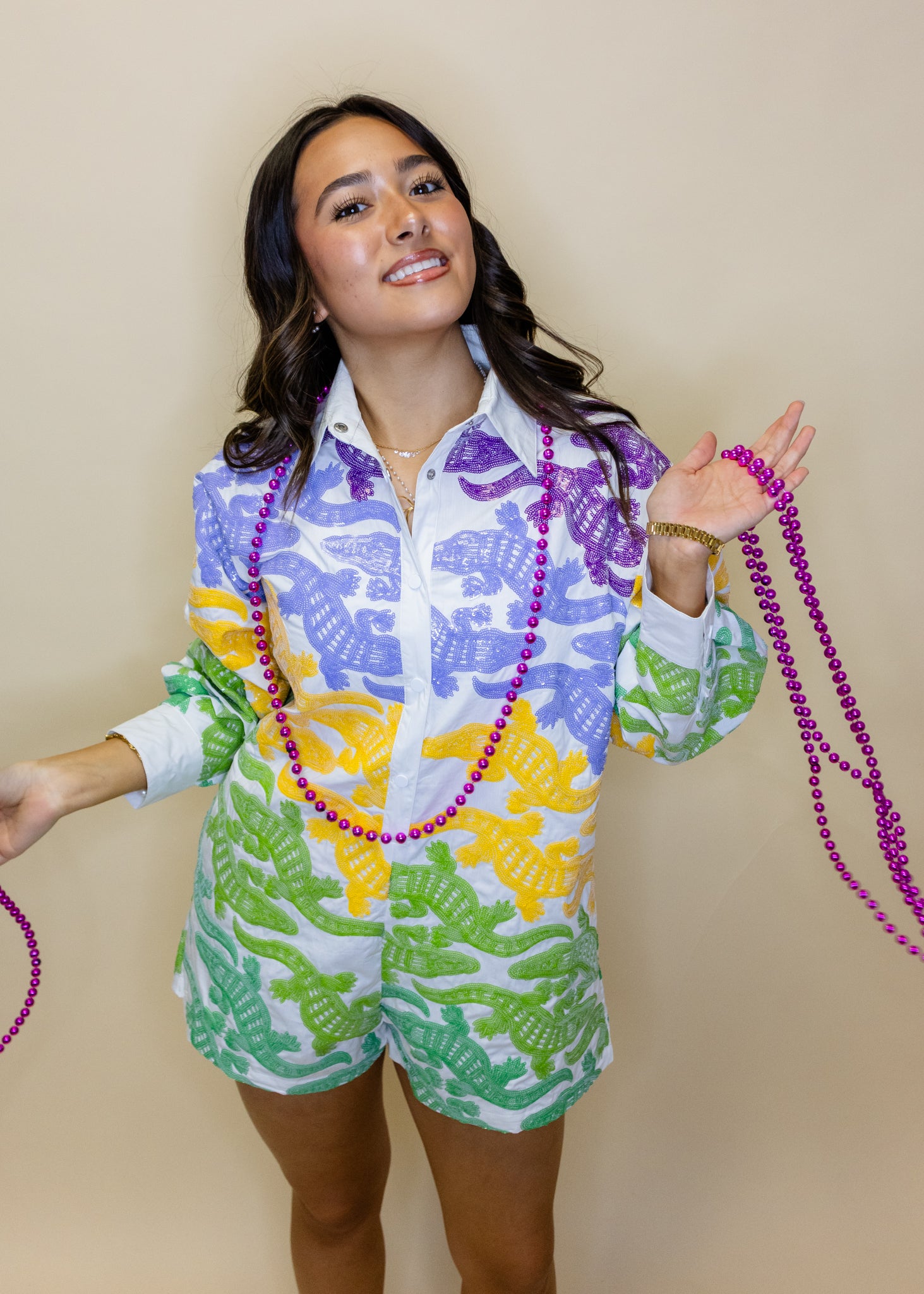 White, Purple, Yellow & Green Alligator Button Up Cotton Romper