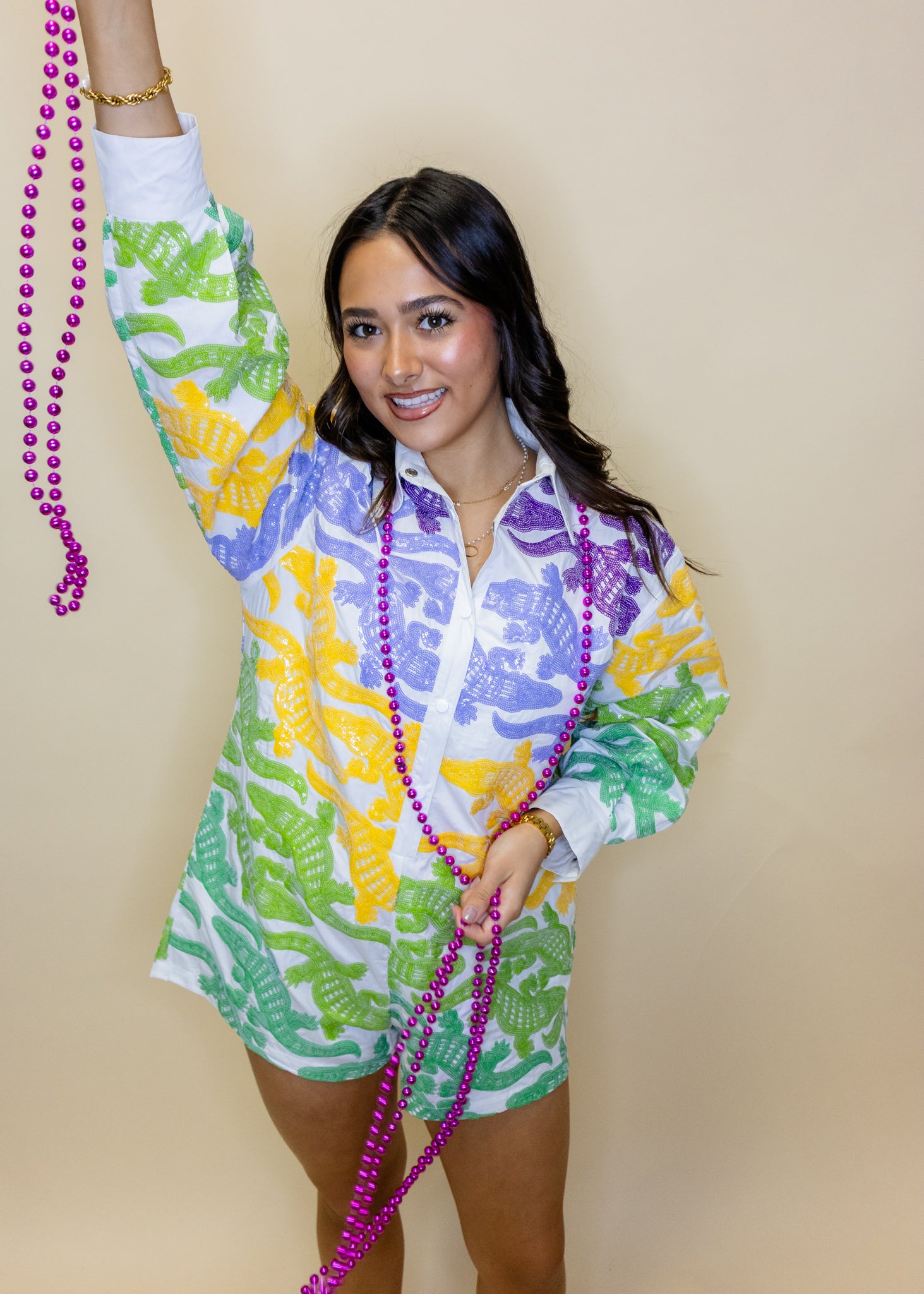 White, Purple, Yellow & Green Alligator Button Up Cotton Romper
