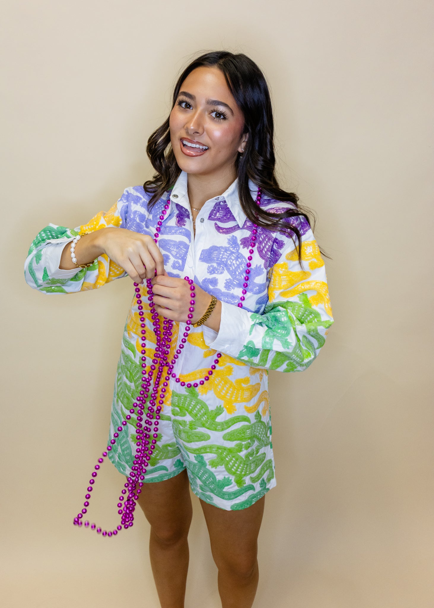 White, Purple, Yellow & Green Alligator Button Up Cotton Romper