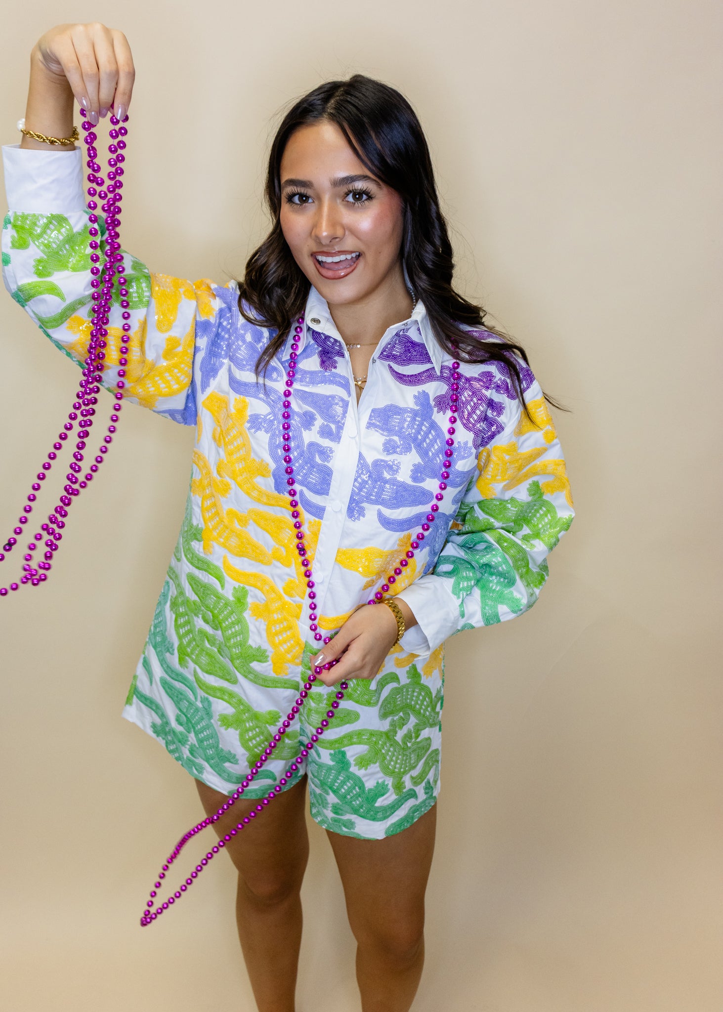 White, Purple, Yellow & Green Alligator Button Up Cotton Romper