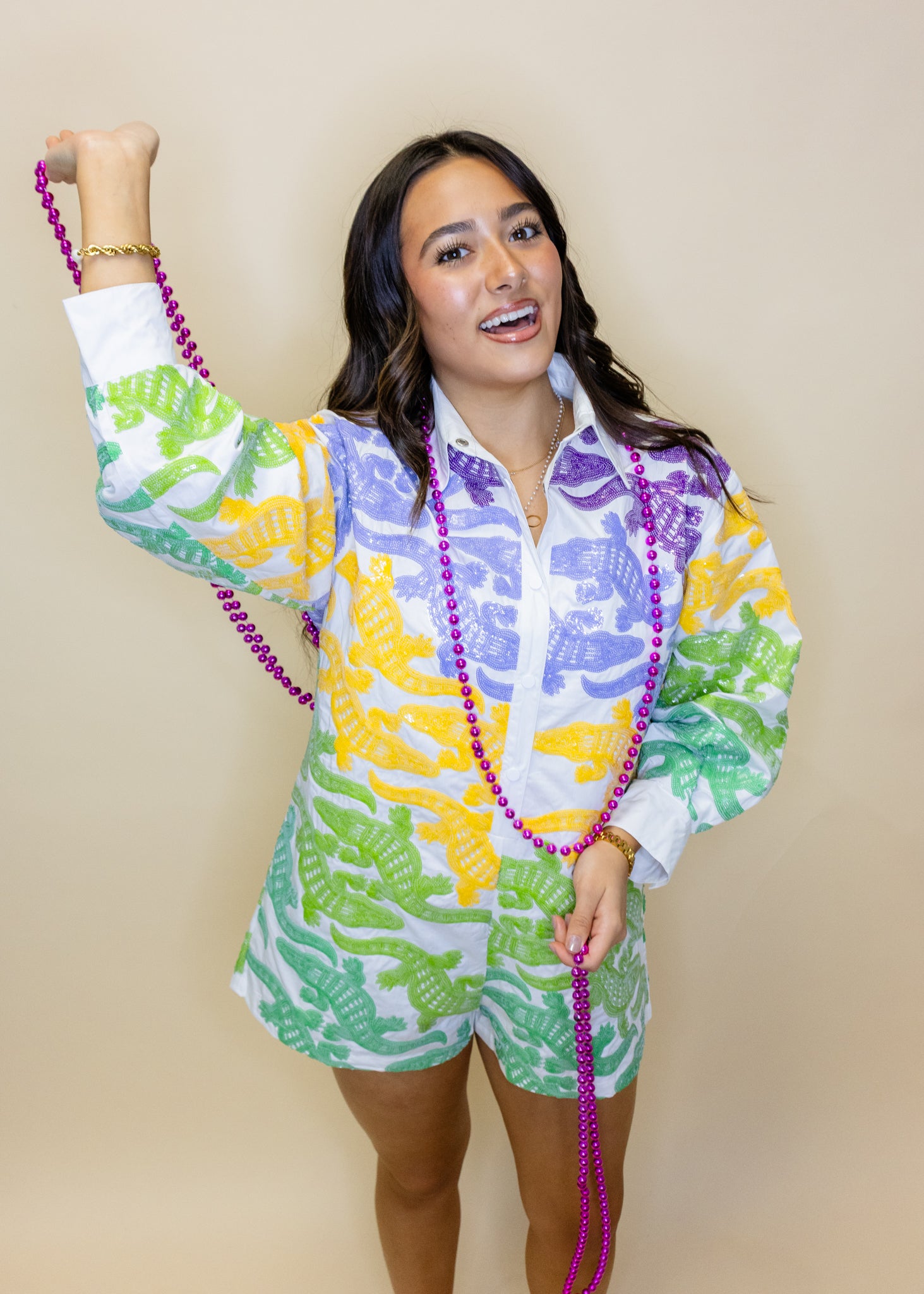 White, Purple, Yellow & Green Alligator Button Up Cotton Romper