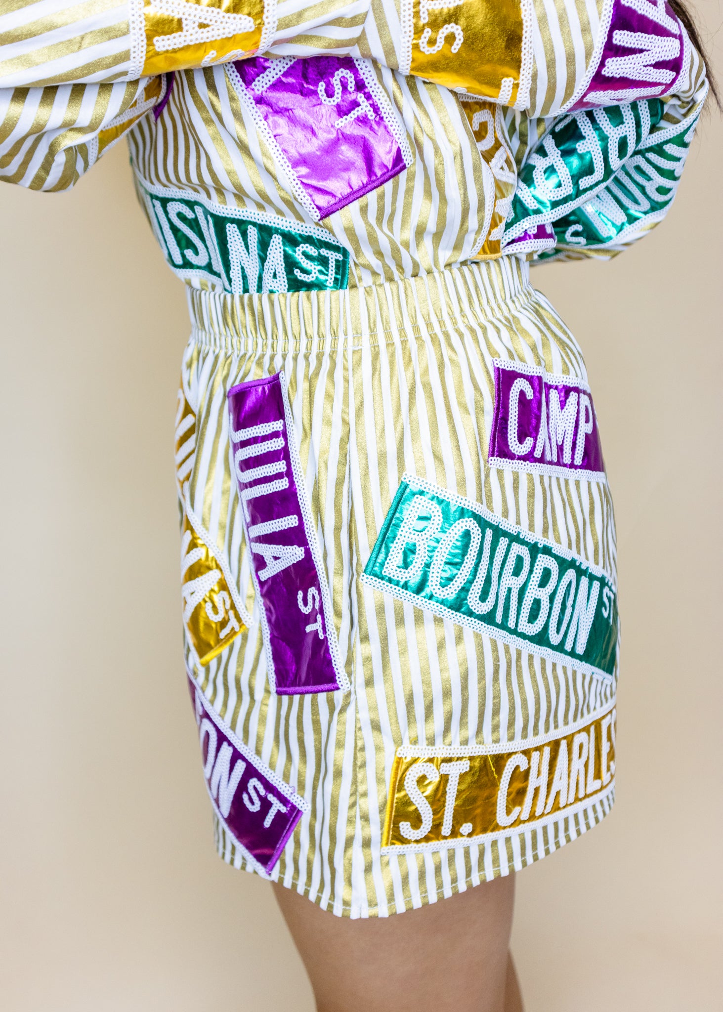 Metallic Gold Stripe Nola Street Signs Shorts