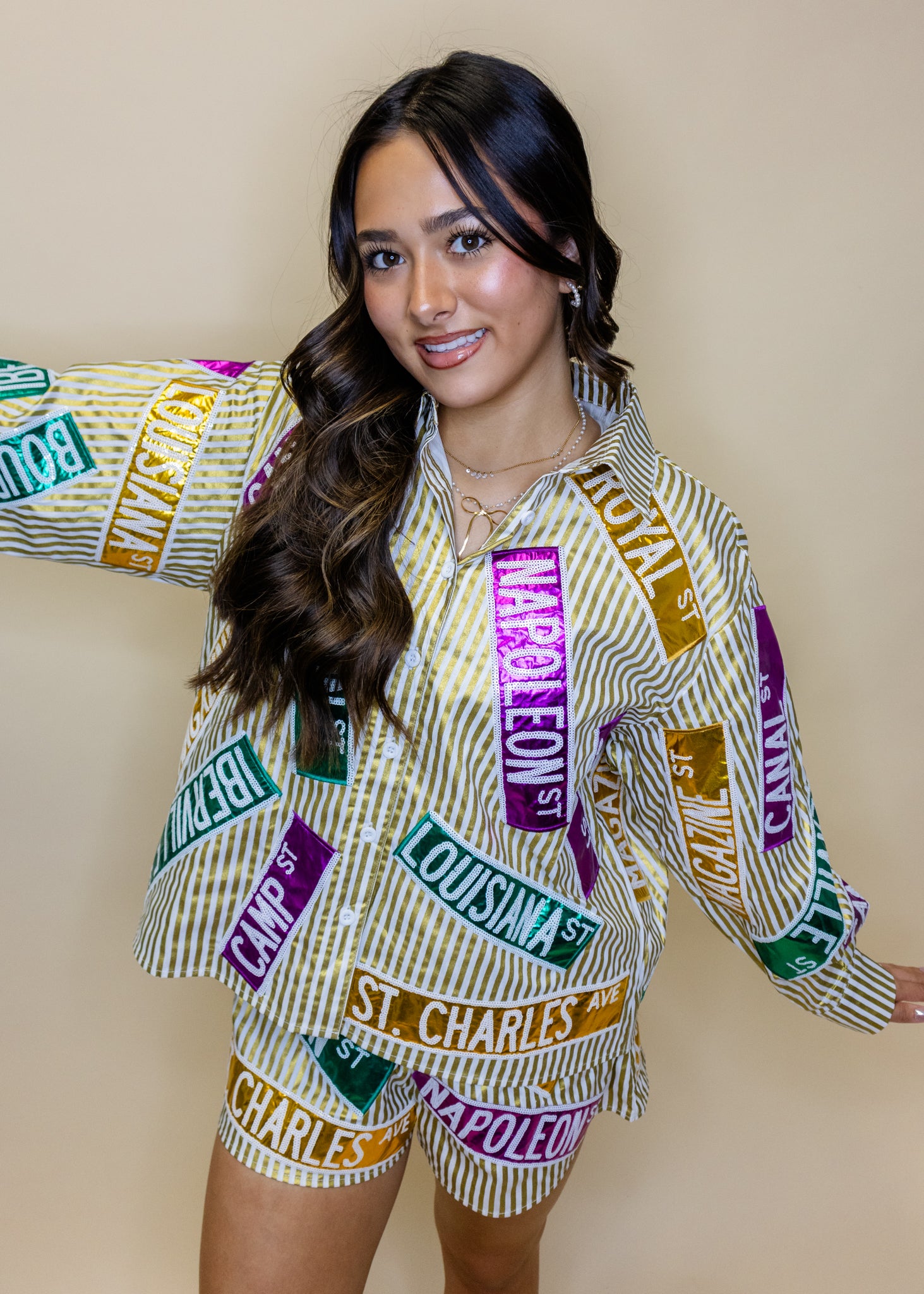 Metallic Gold Stripe Nola Street Signs Button Up Top