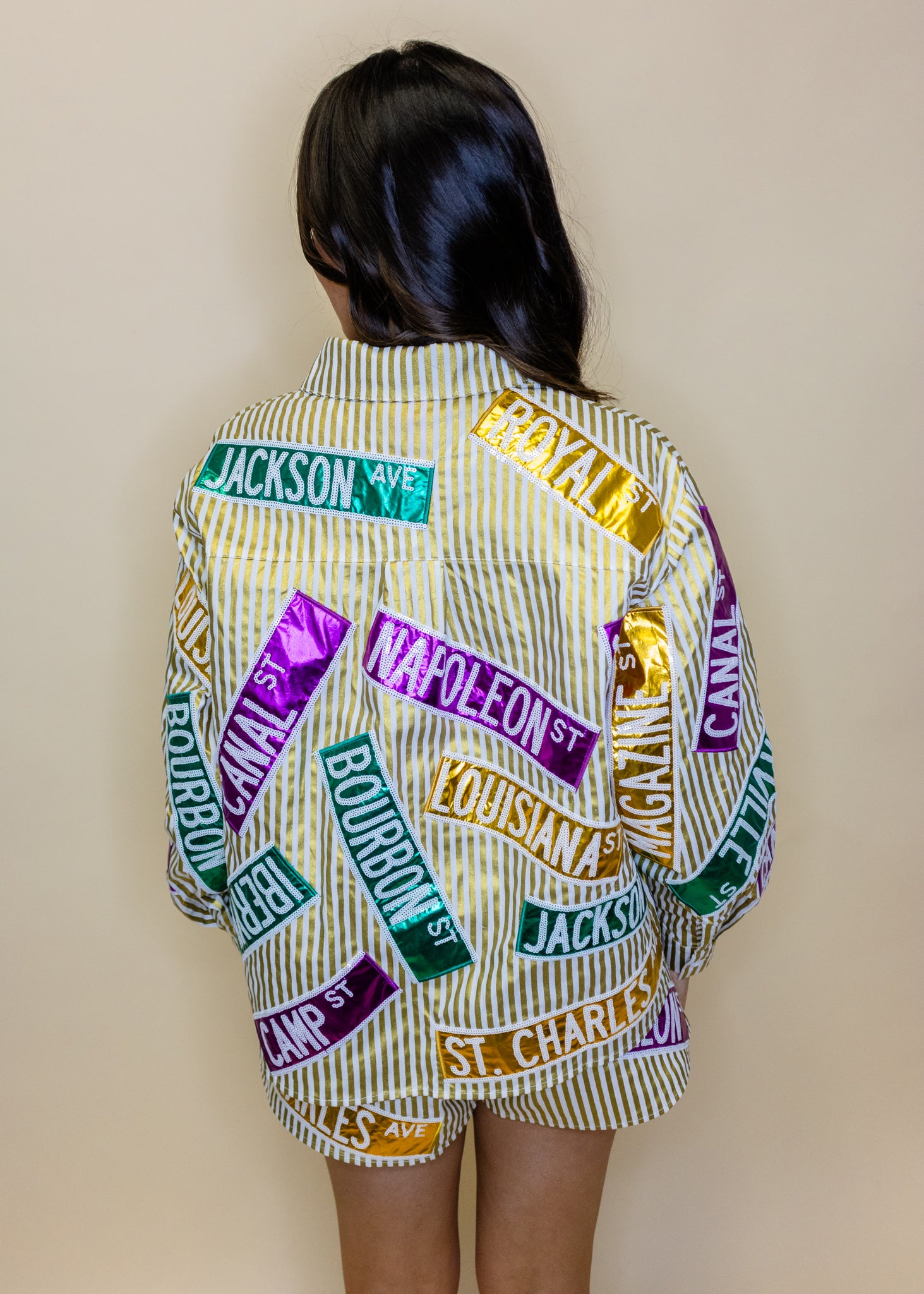 Metallic Gold Stripe Nola Street Signs Button Up Top