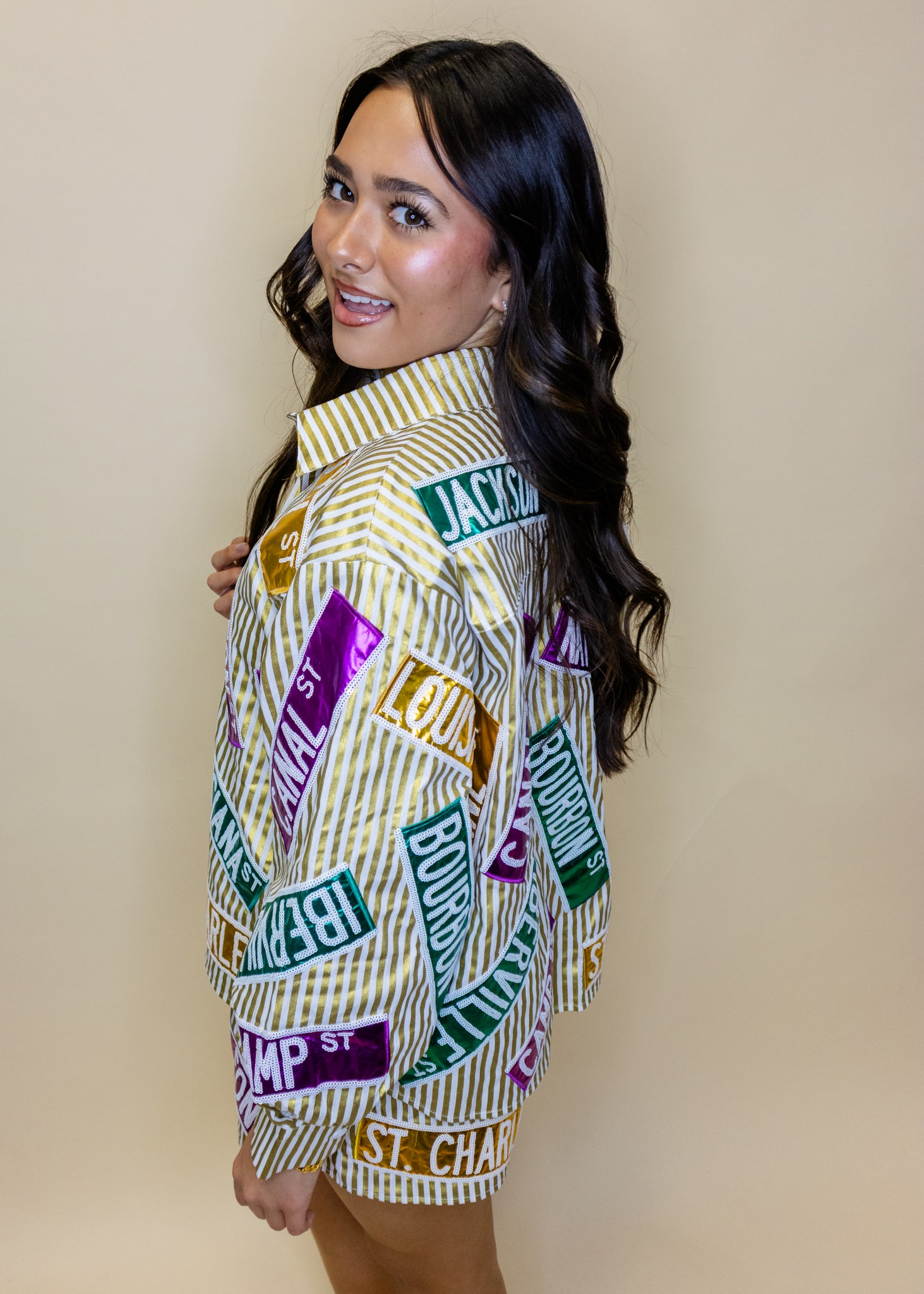 Metallic Gold Stripe Nola Street Signs Button Up Top