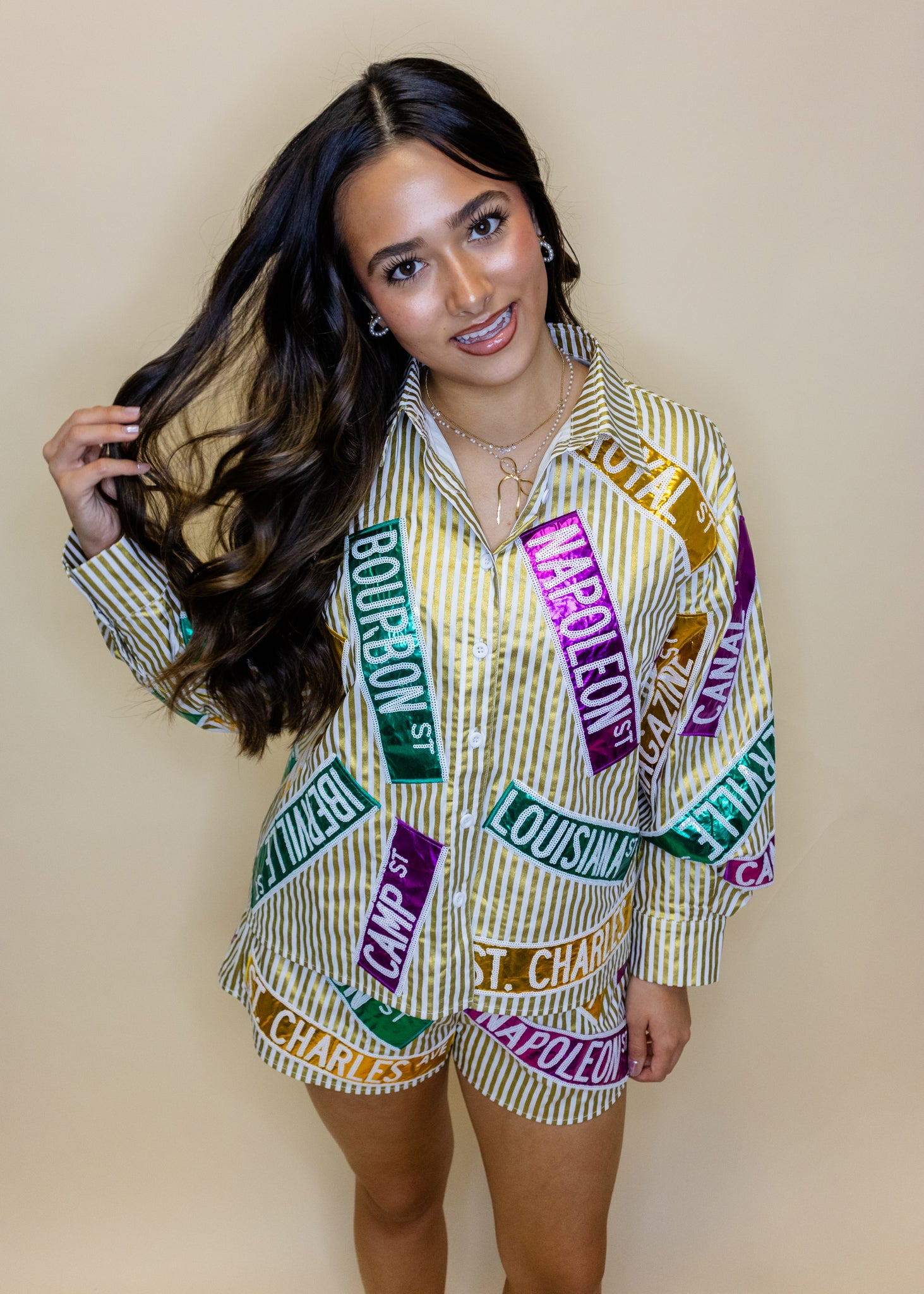 Metallic Gold Stripe Nola Street Signs Button Up Top