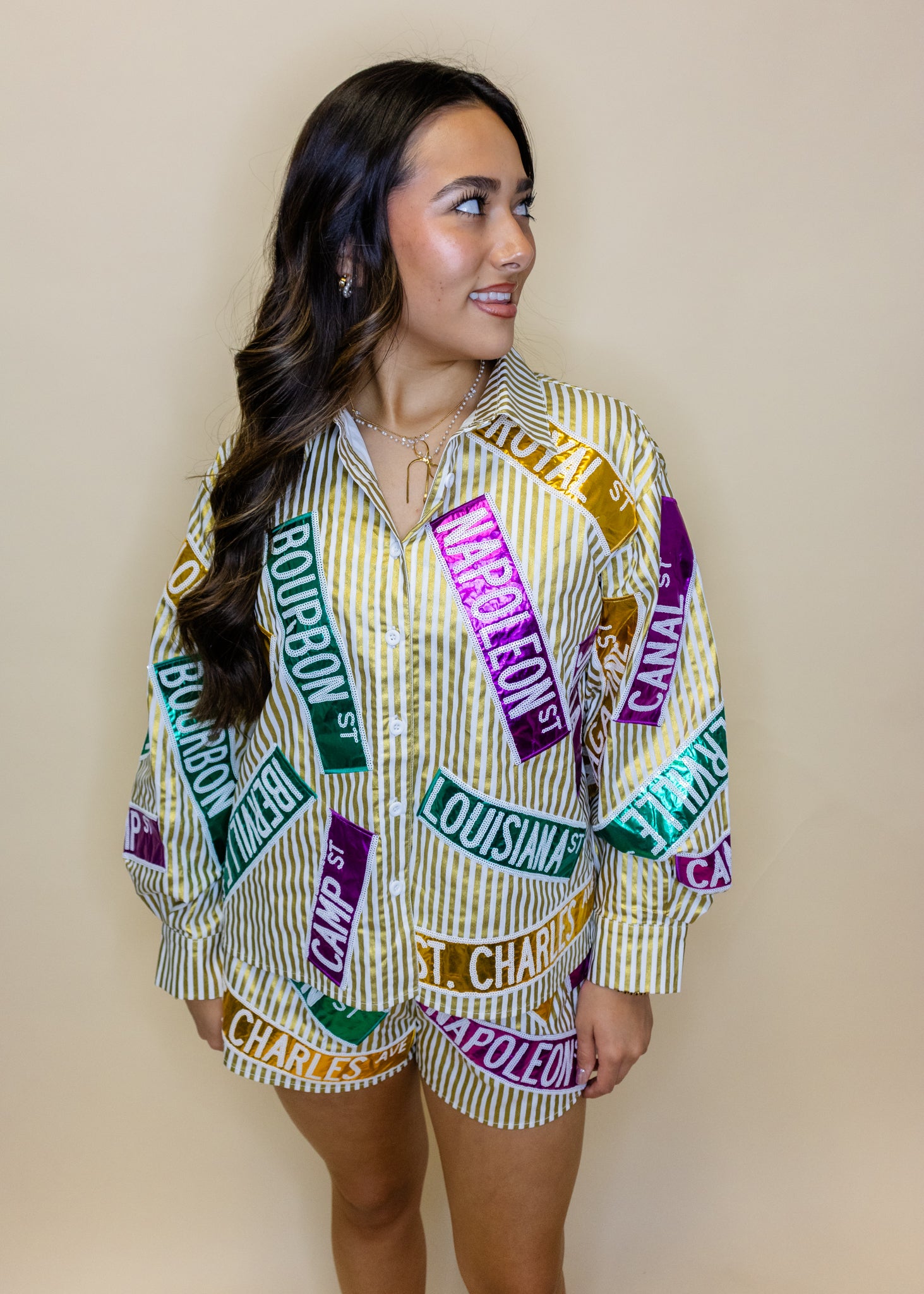 Metallic Gold Stripe Nola Street Signs Button Up Top