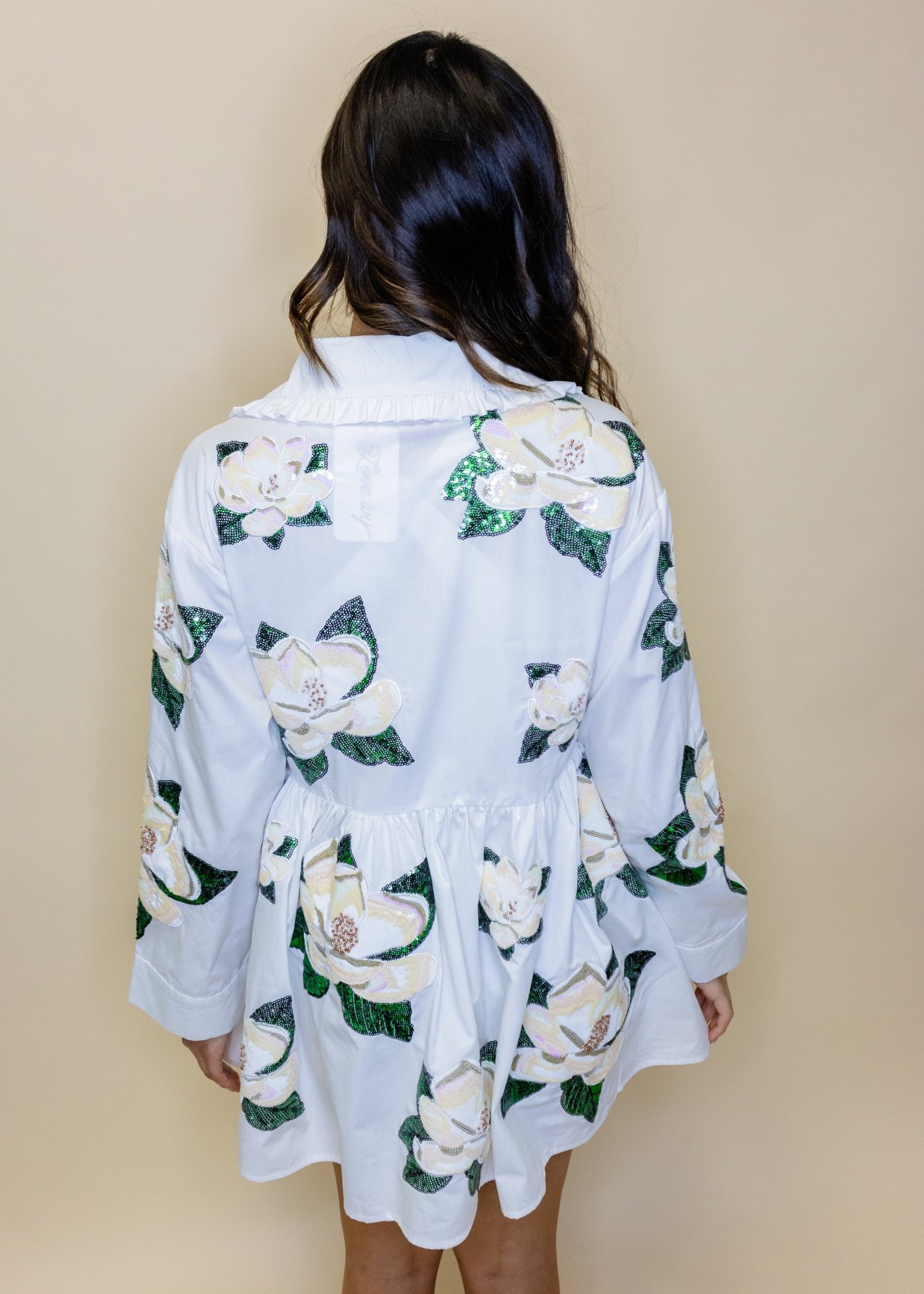 Cotton Tie Collar Magnolia Long Sleeve Dress