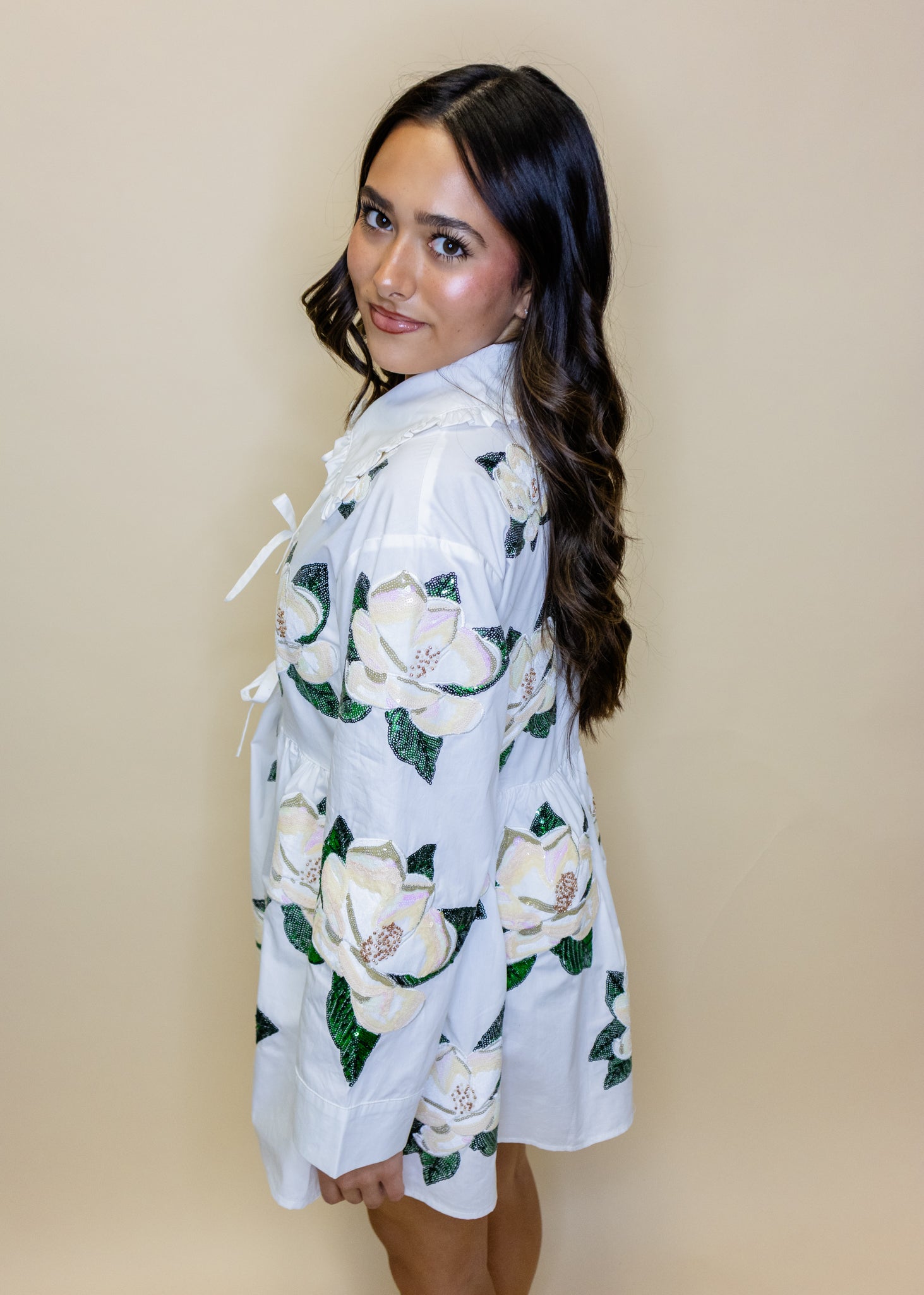 Cotton Tie Collar Magnolia Long Sleeve Dress