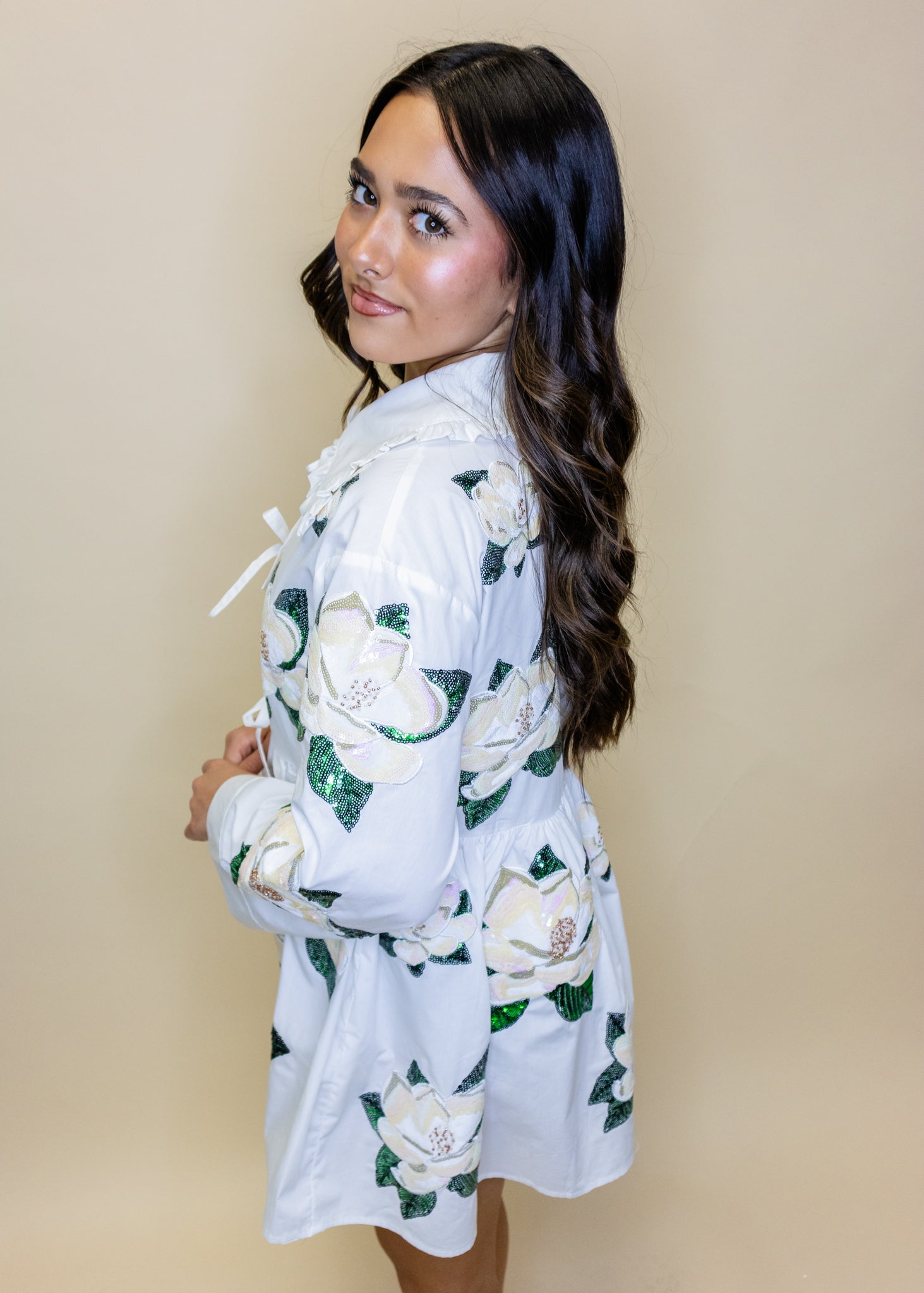 Cotton Tie Collar Magnolia Long Sleeve Dress