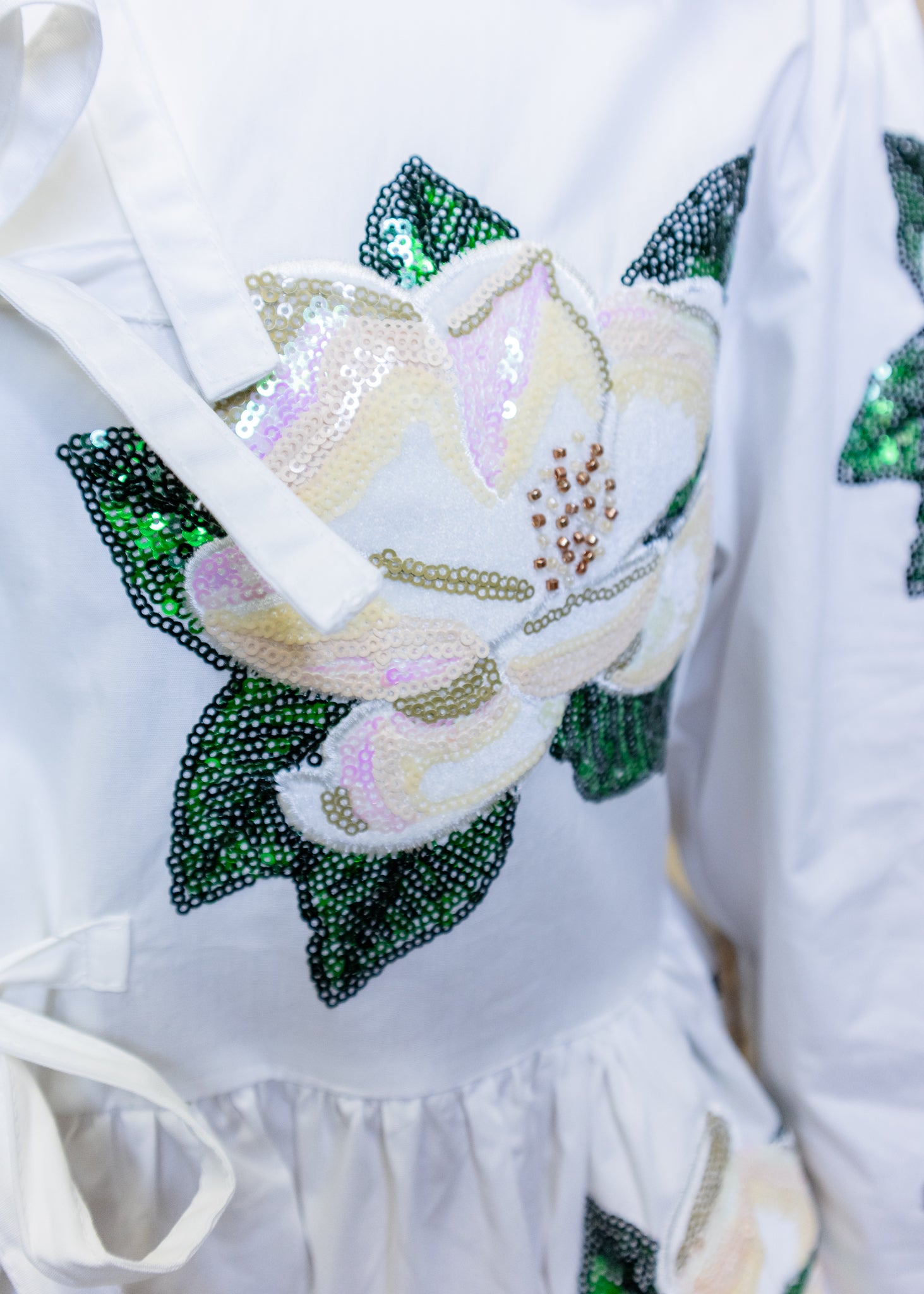 Cotton Tie Collar Magnolia Long Sleeve Dress