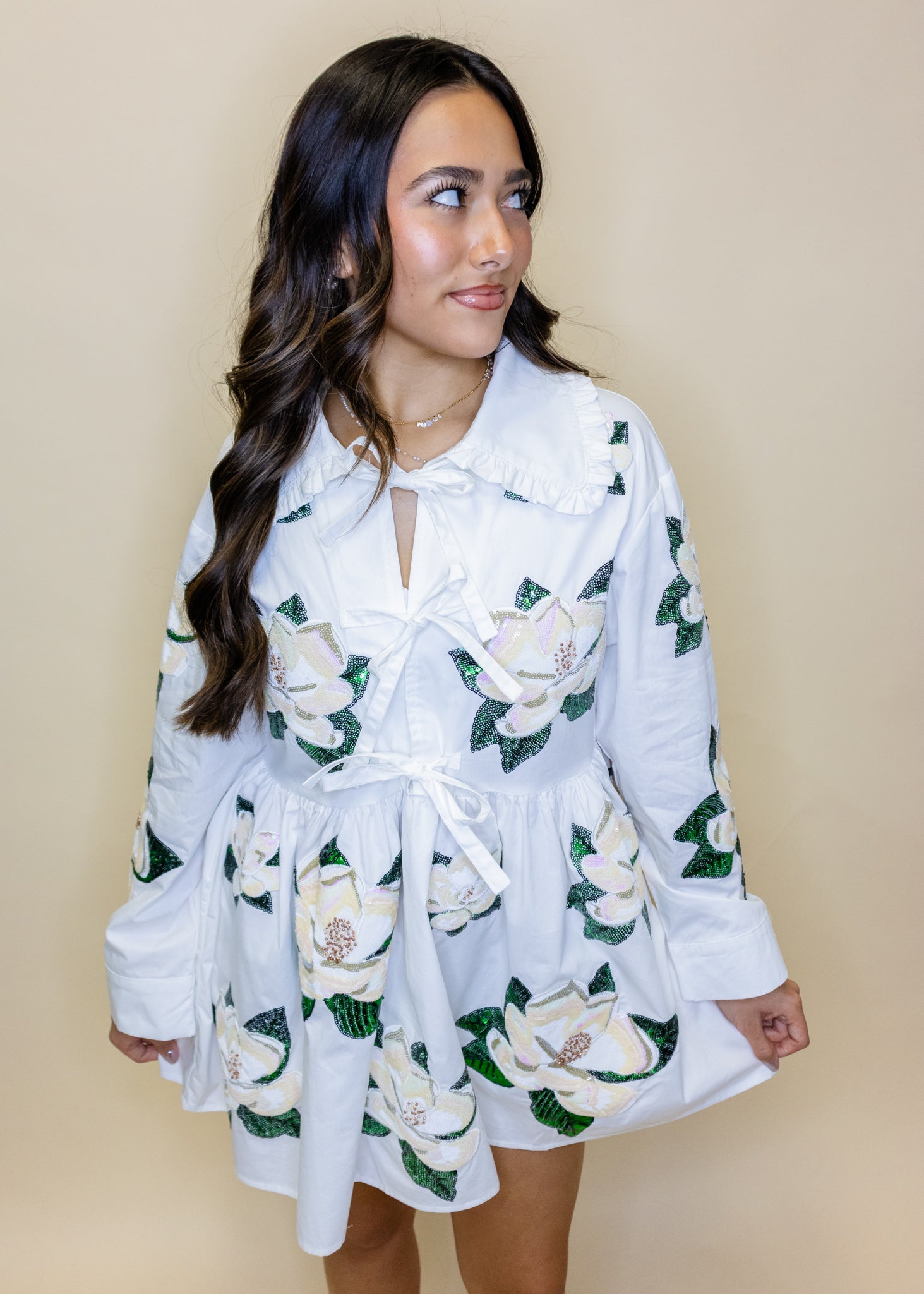 Cotton Tie Collar Magnolia Long Sleeve Dress