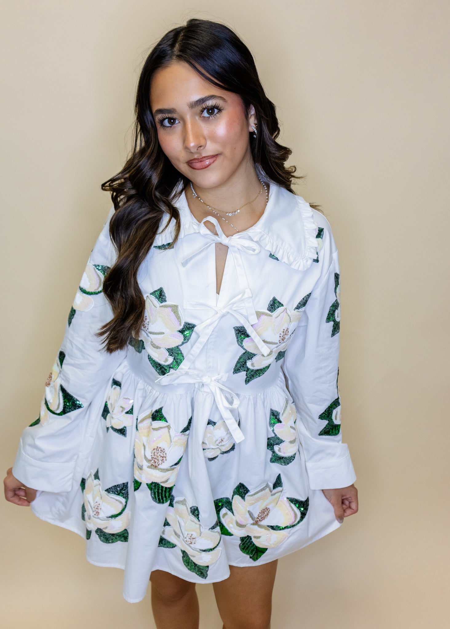 Cotton Tie Collar Magnolia Long Sleeve Dress