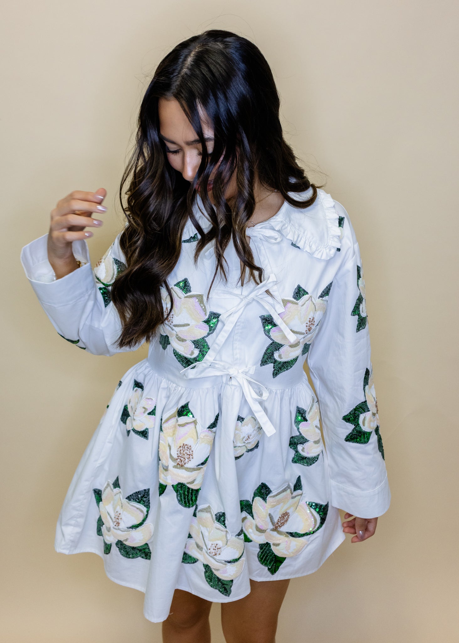 Cotton Tie Collar Magnolia Long Sleeve Dress