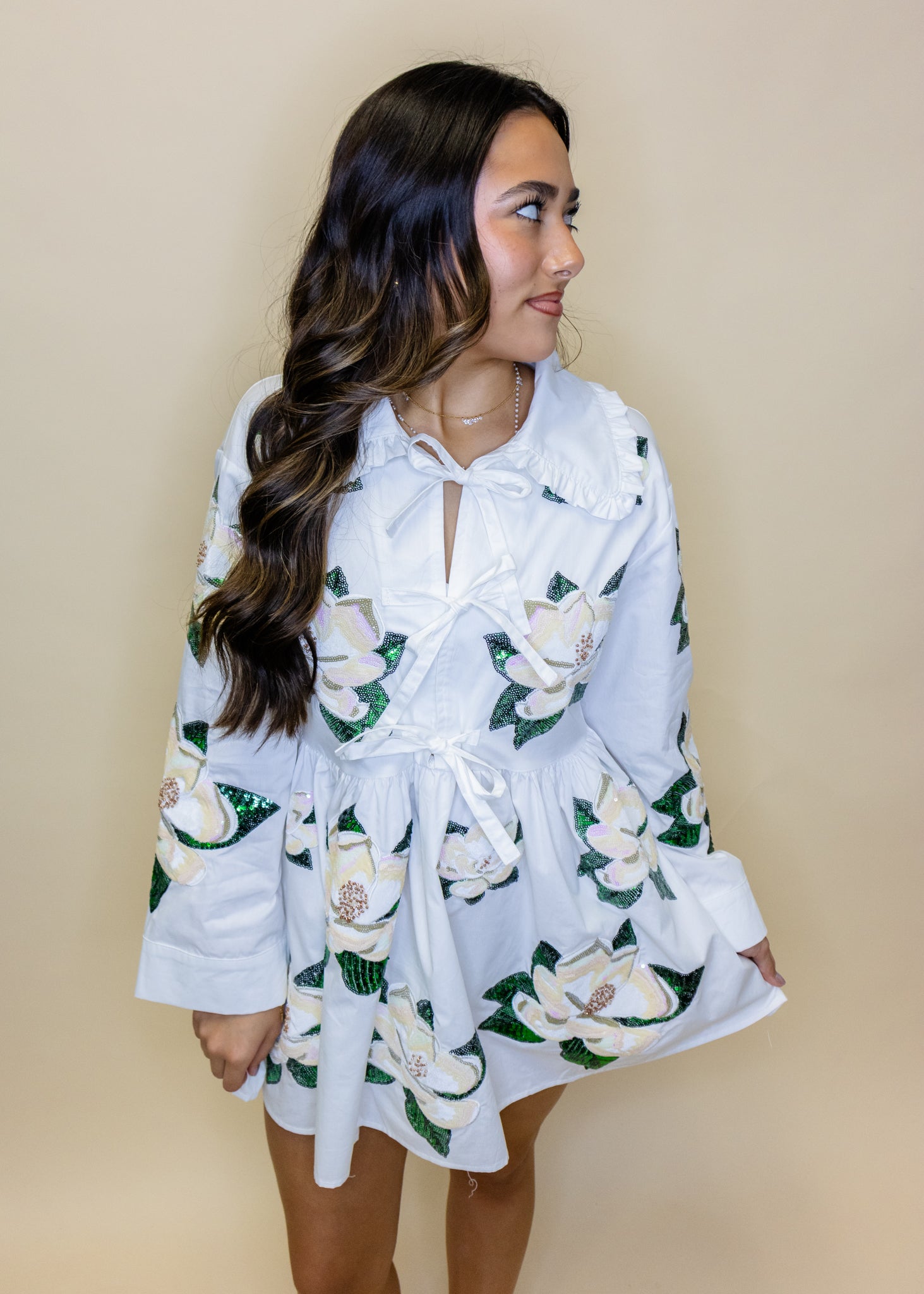 Cotton Tie Collar Magnolia Long Sleeve Dress