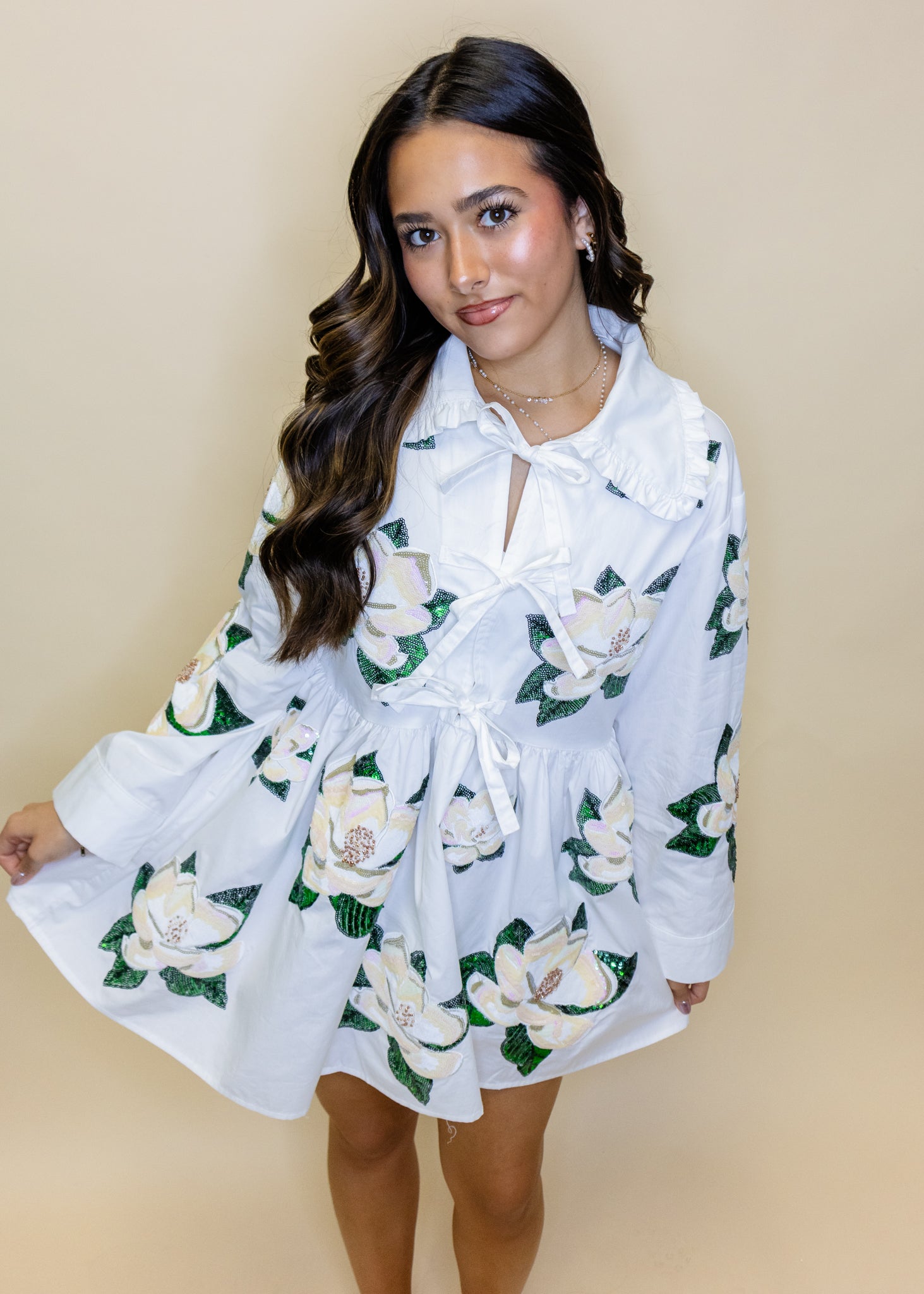 Cotton Tie Collar Magnolia Long Sleeve Dress