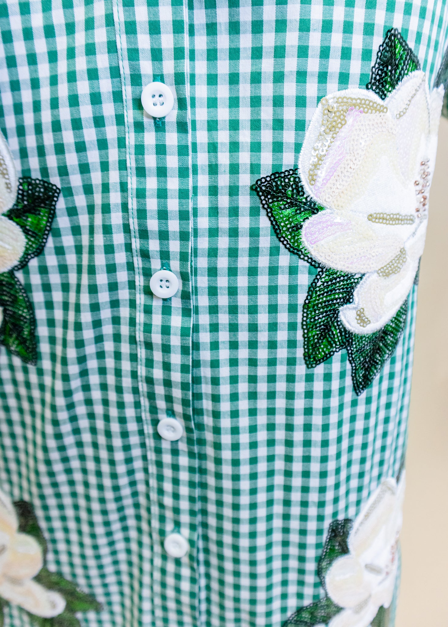 Green & White Gingham Magnolia Button Up Cotton Midi Dress