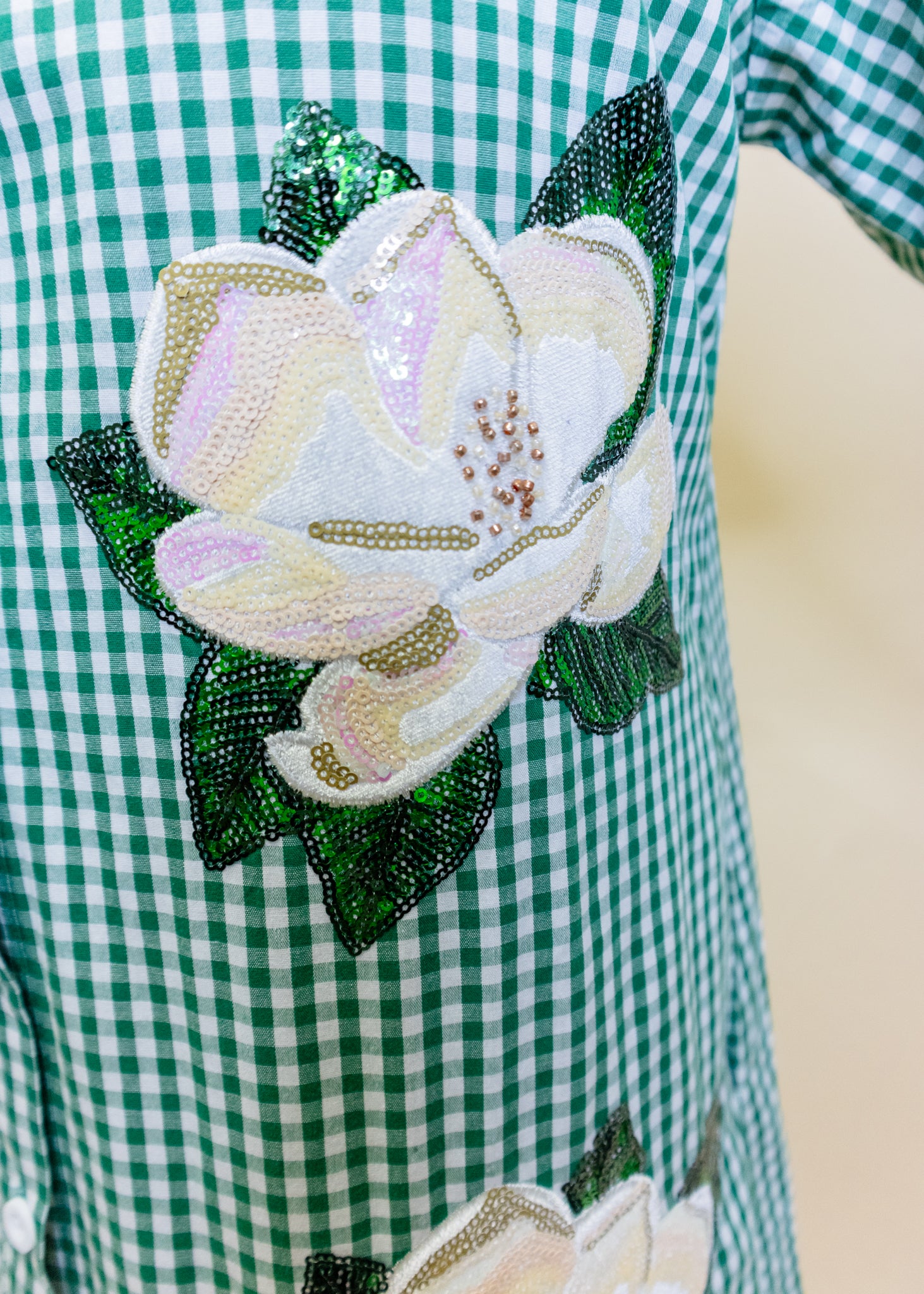 Green & White Gingham Magnolia Button Up Cotton Midi Dress