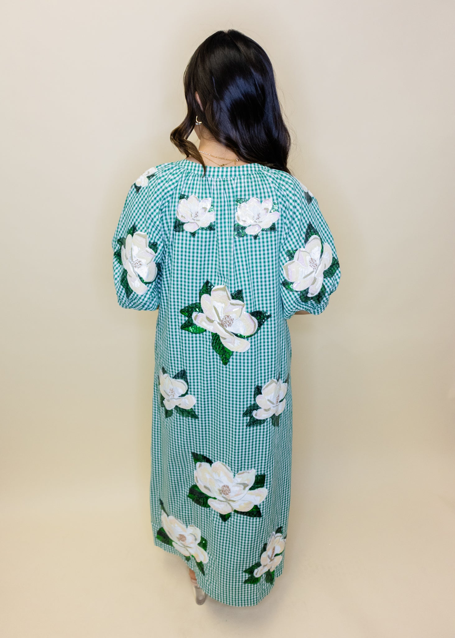 Green & White Gingham Magnolia Button Up Cotton Midi Dress