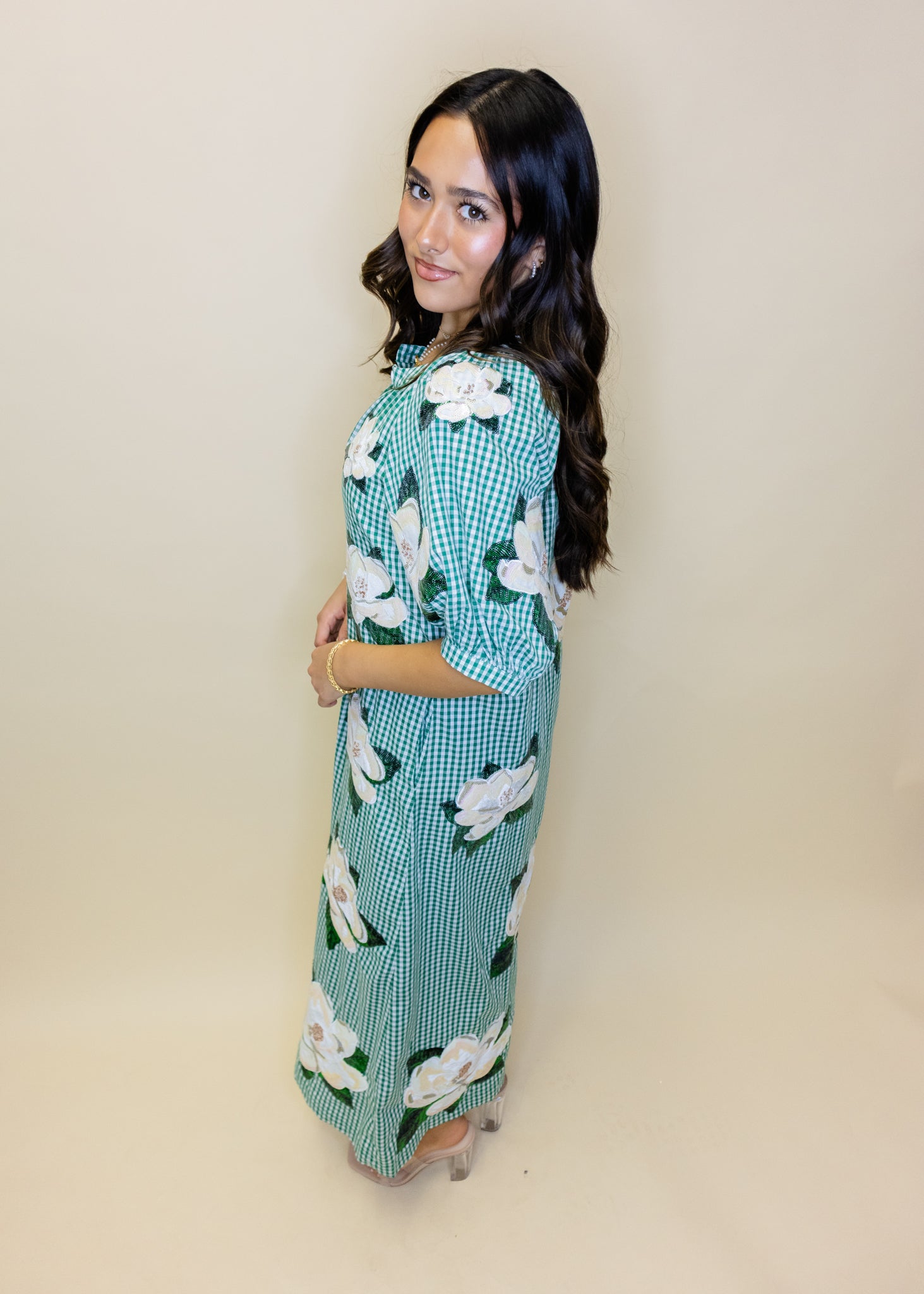 Green & White Gingham Magnolia Button Up Cotton Midi Dress