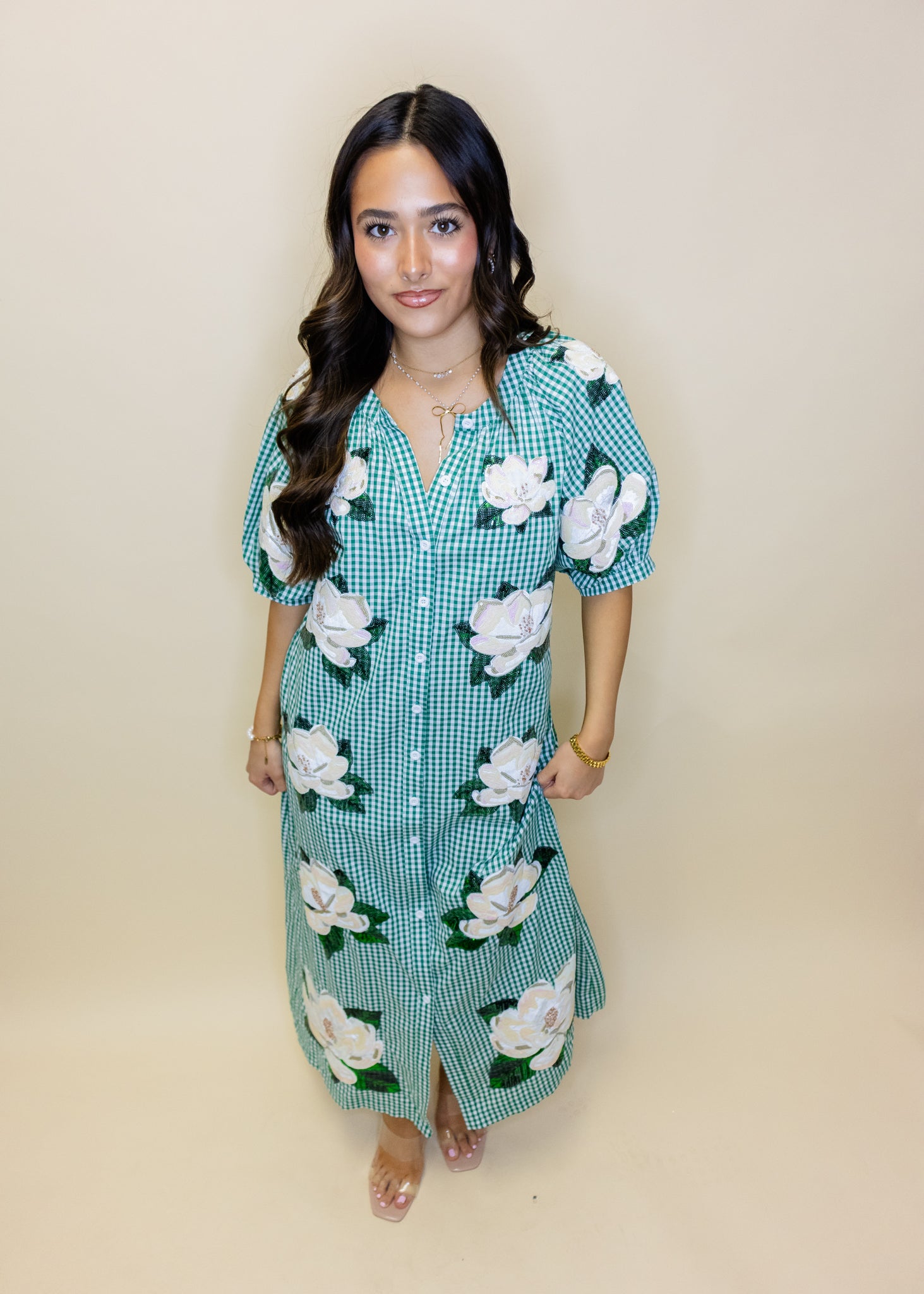 Green & White Gingham Magnolia Button Up Cotton Midi Dress