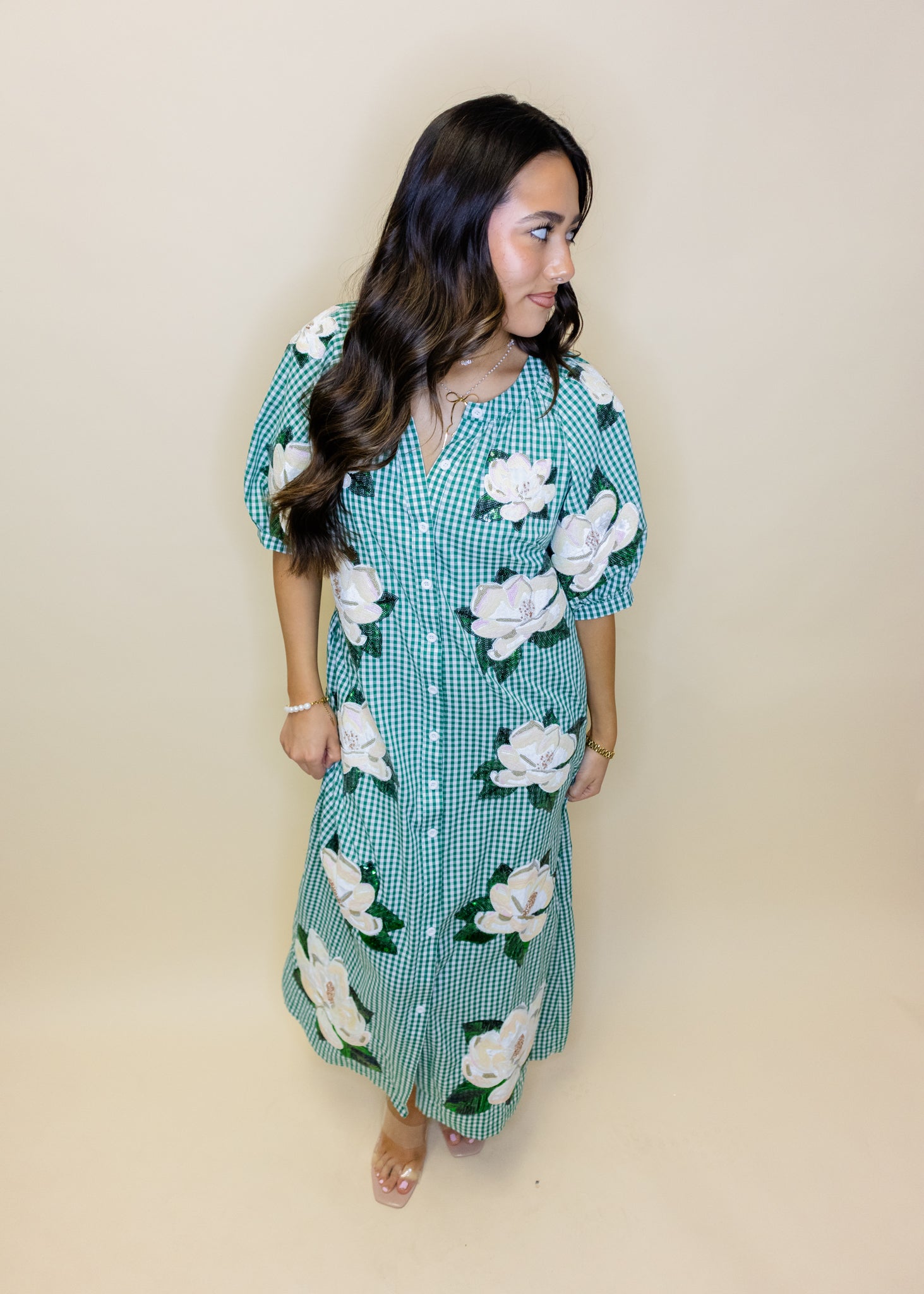 Green & White Gingham Magnolia Button Up Cotton Midi Dress