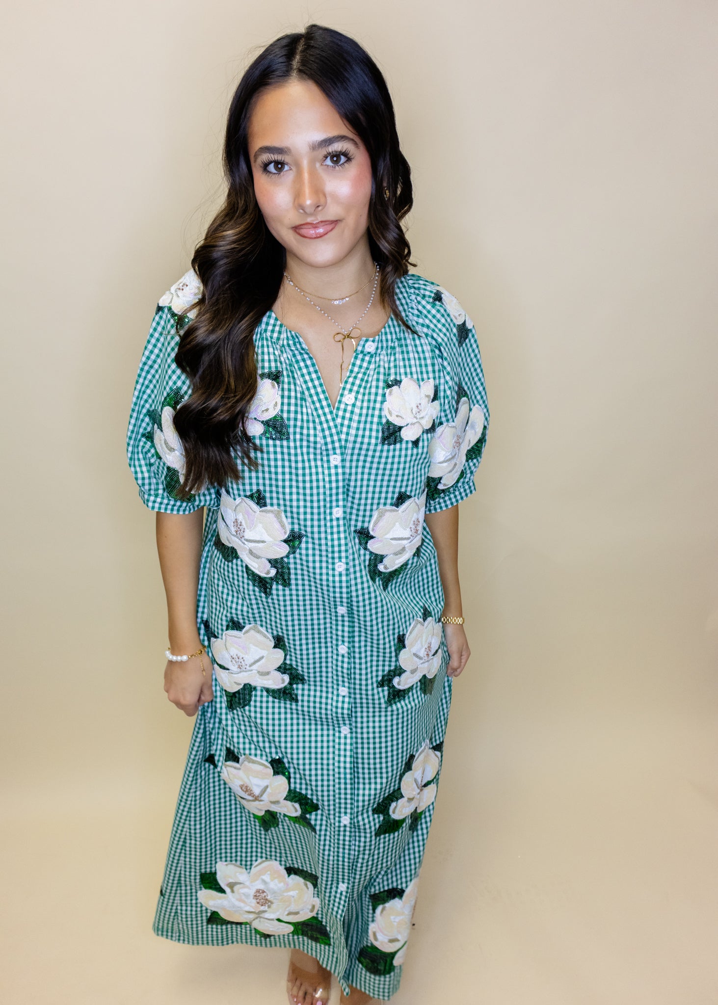 Green & White Gingham Magnolia Button Up Cotton Midi Dress