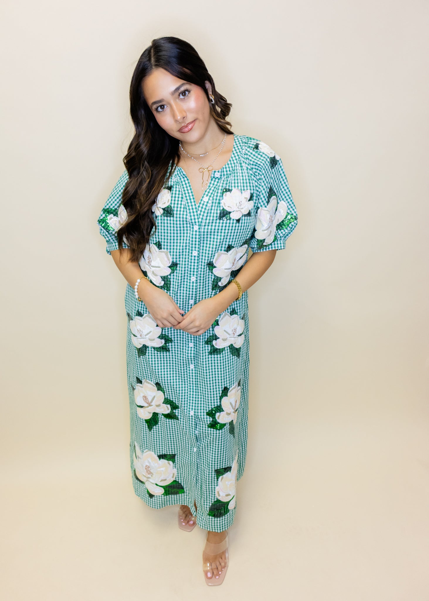 Green & White Gingham Magnolia Button Up Cotton Midi Dress