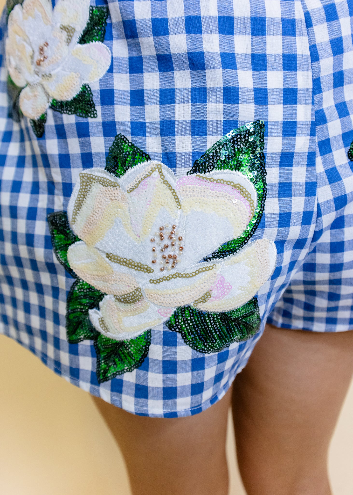 Blue & White Gingham Scattered Magnolia Short