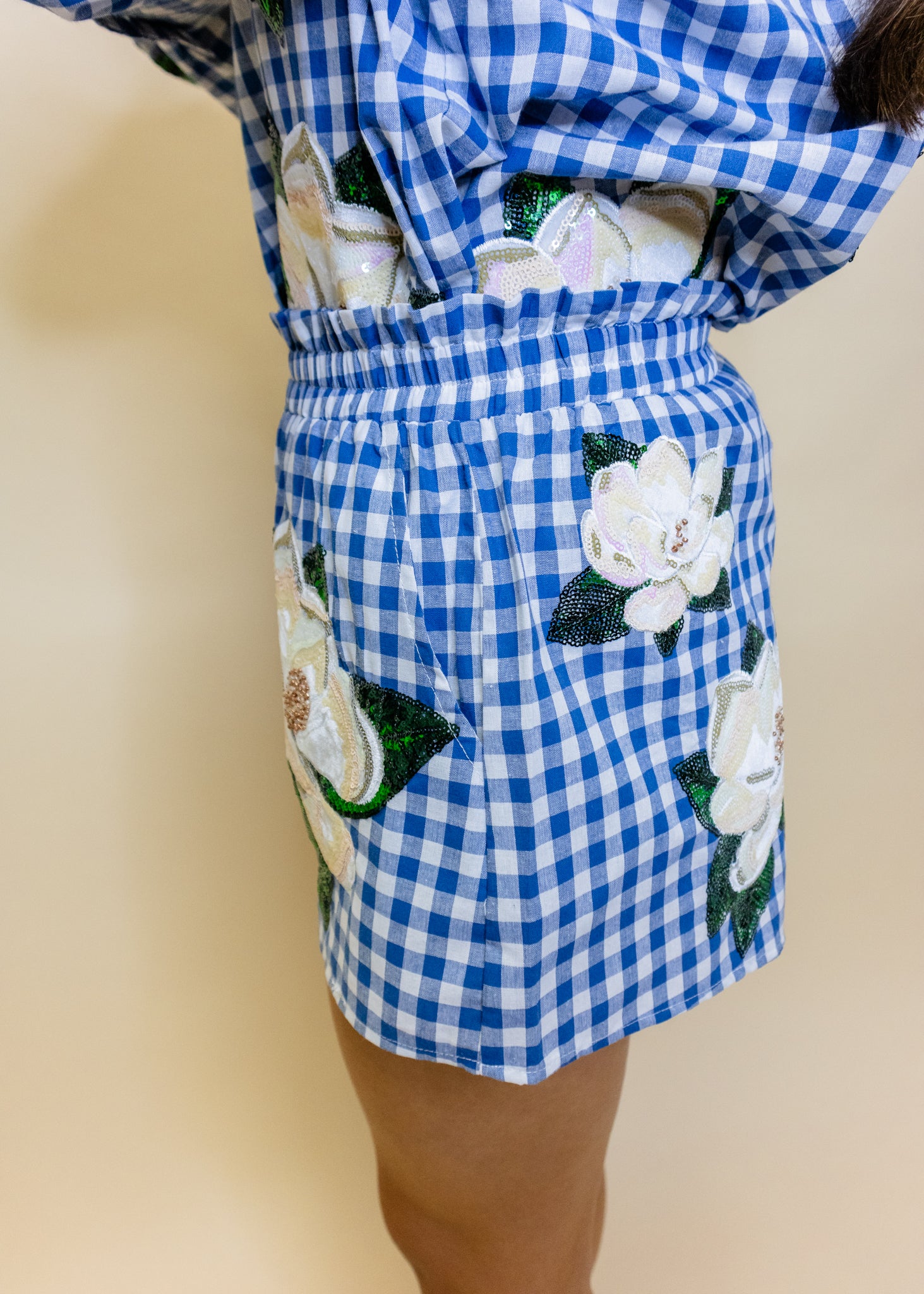 Blue & White Gingham Scattered Magnolia Short