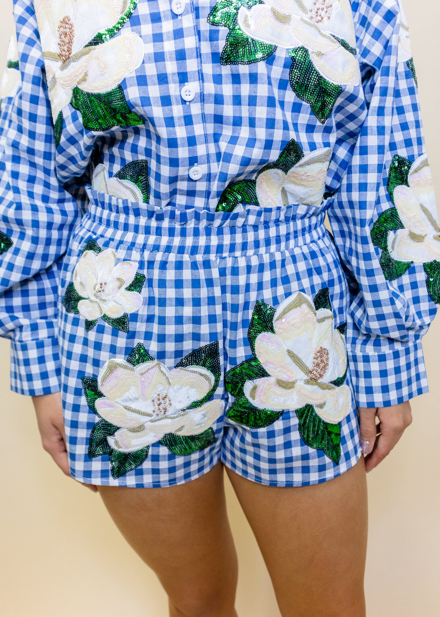 Blue & White Gingham Scattered Magnolia Short