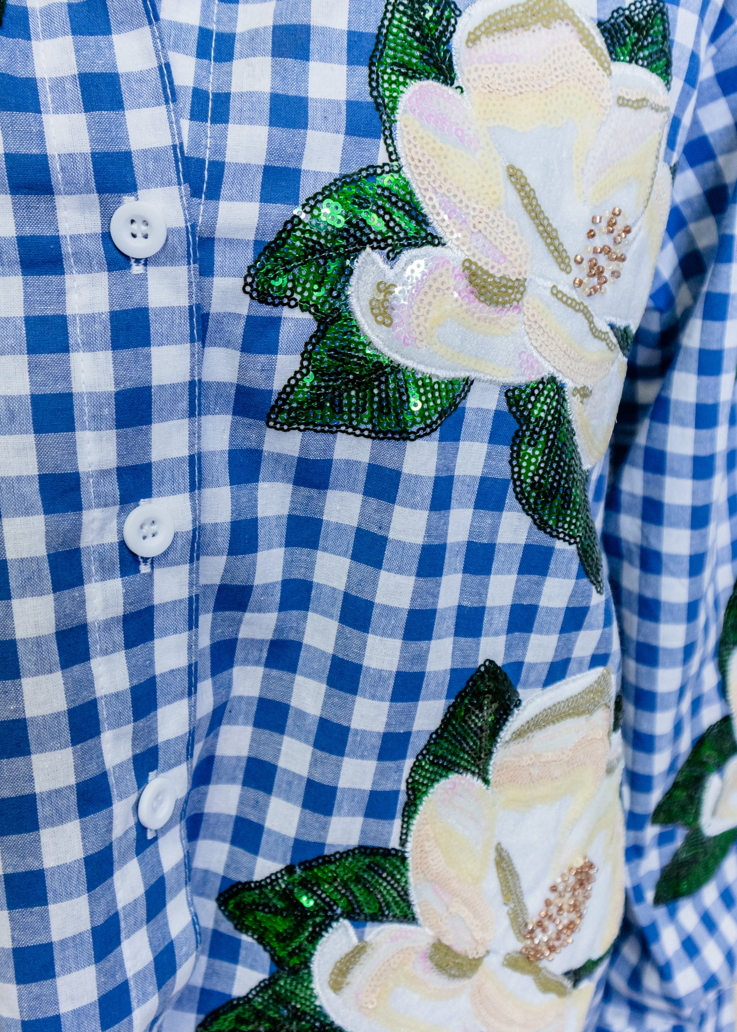 Blue & White Checkered Scattered Magnolia Button Up Top