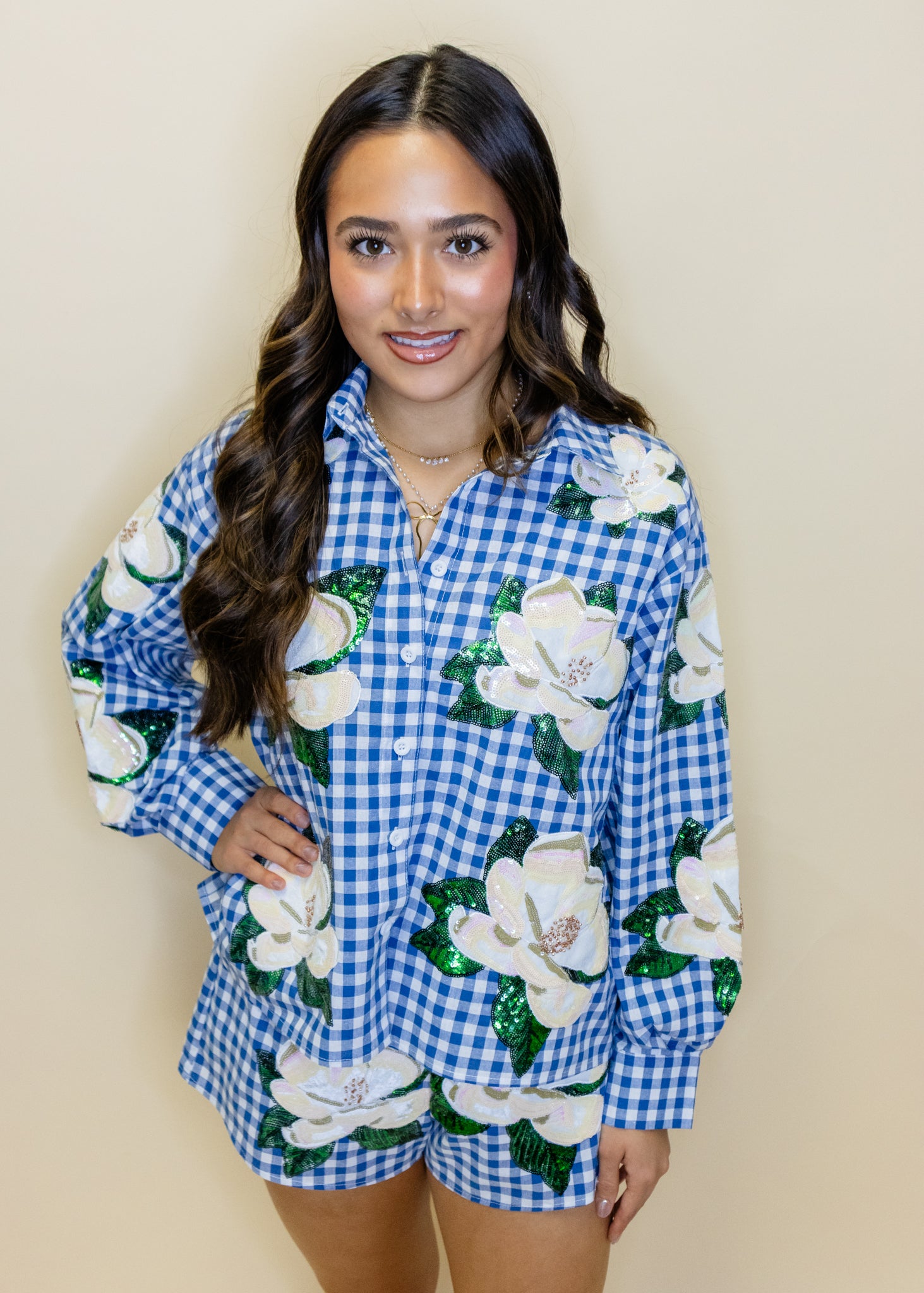 Blue & White Checkered Scattered Magnolia Button Up Top