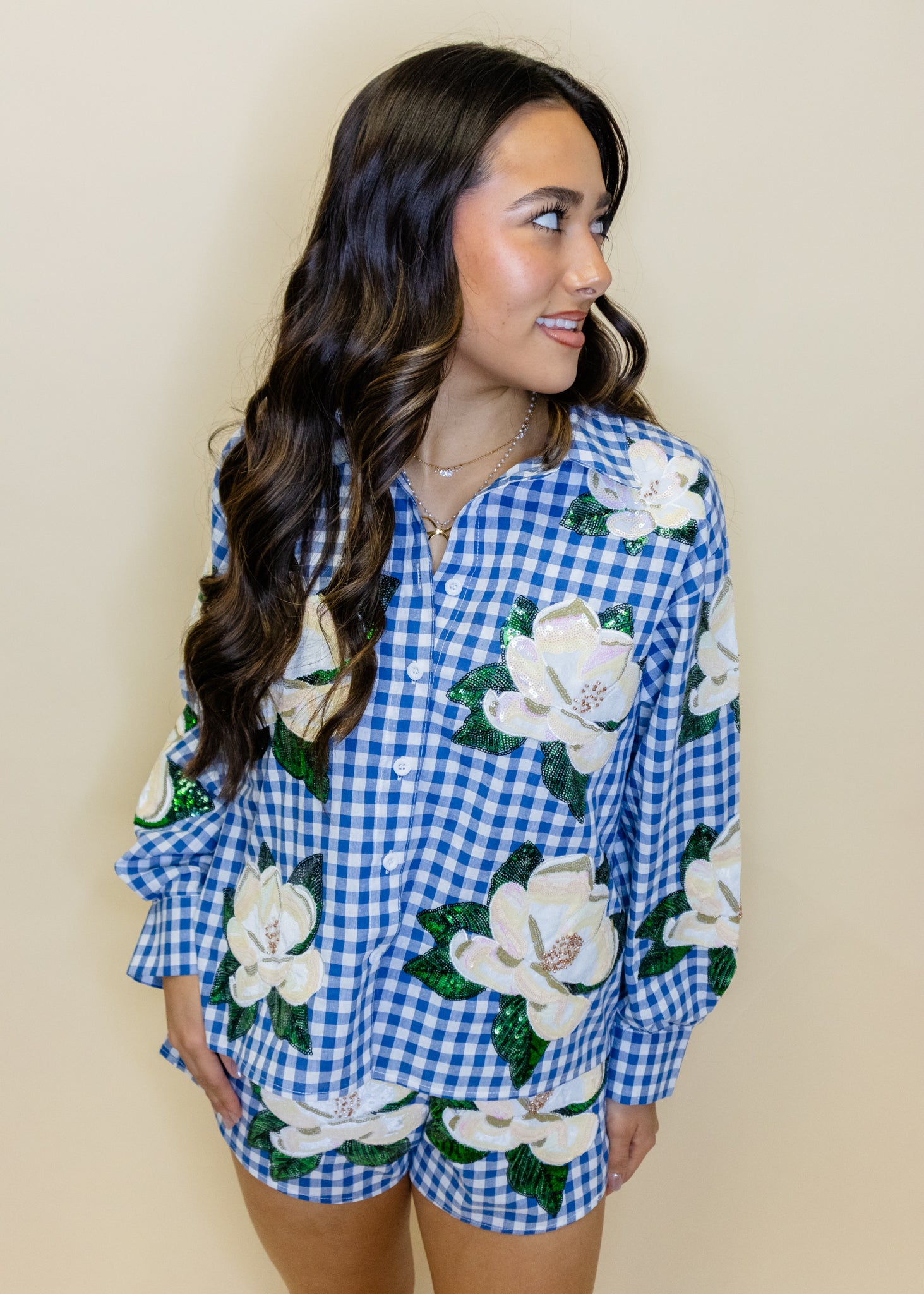 Blue & White Checkered Scattered Magnolia Button Up Top