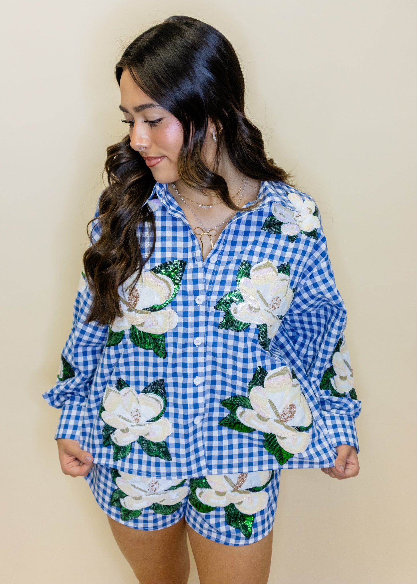 Blue & White Checkered Scattered Magnolia Button Up Top