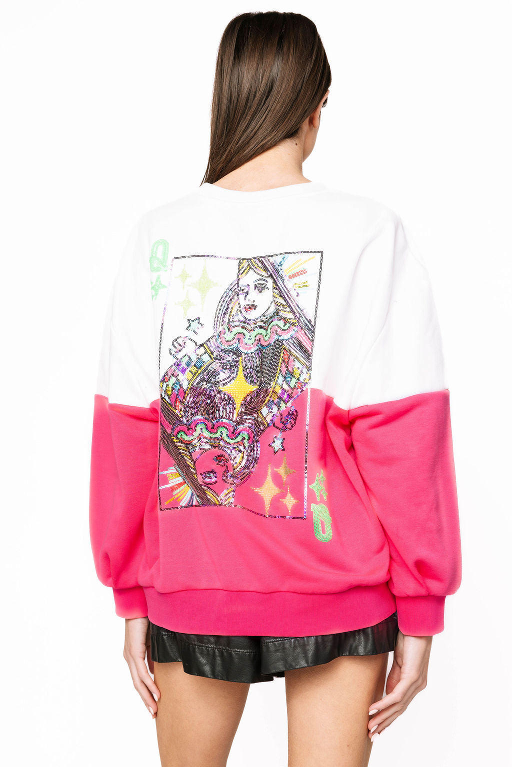 White & Neon Pink Colorblock QOS Logo Sweatshirt