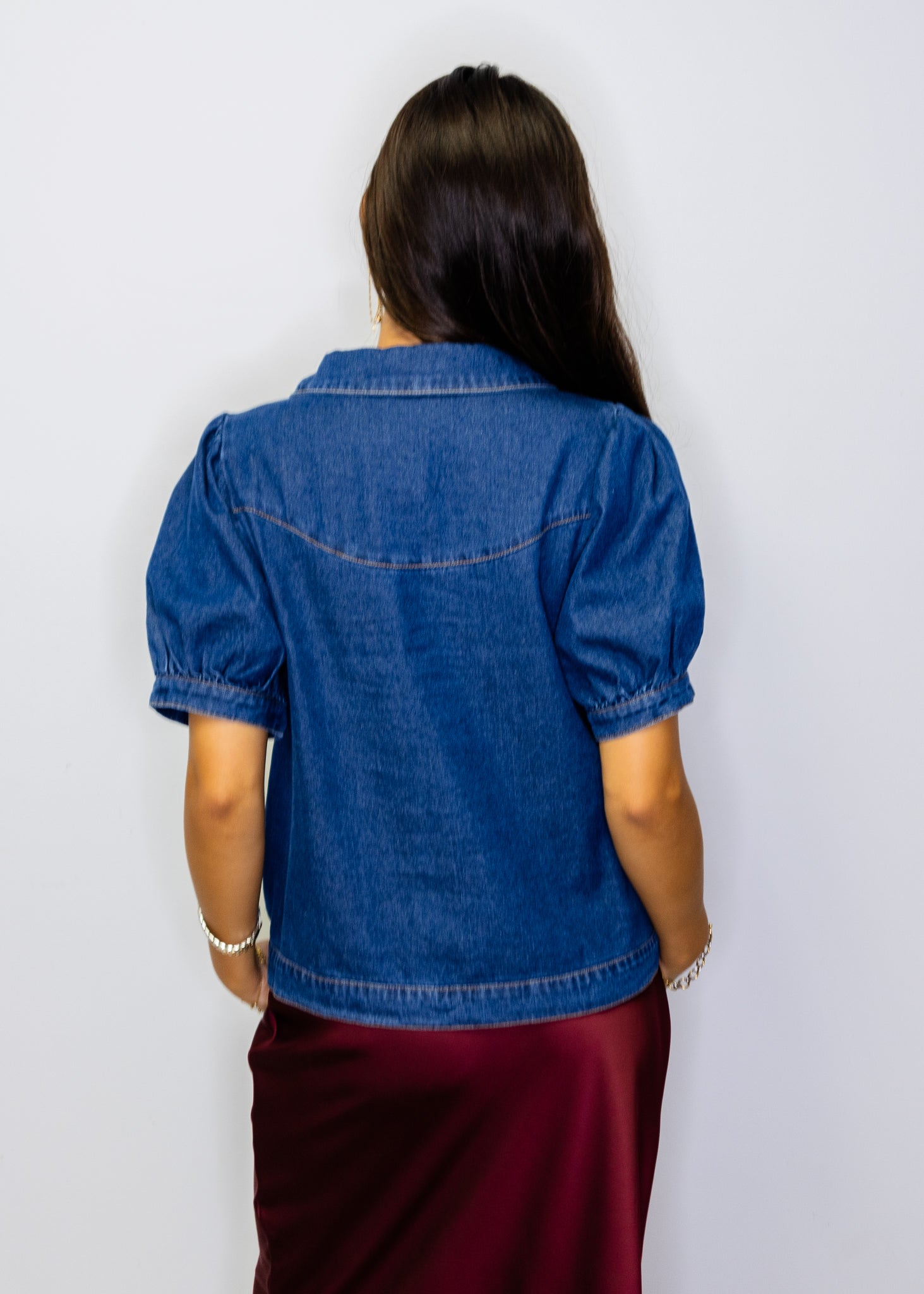 Denim Button Down Embroidered Top