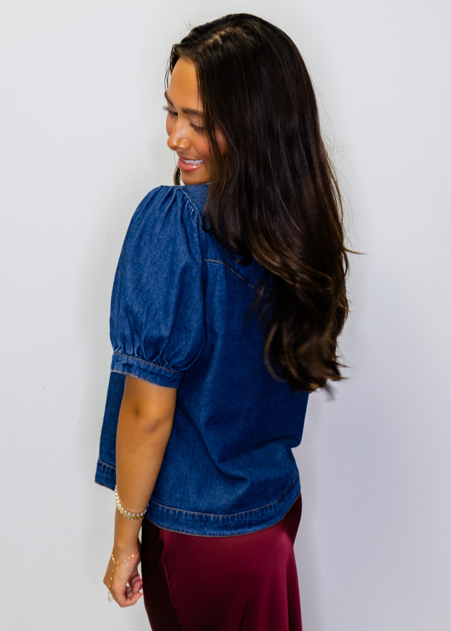 Denim Button Down Embroidered Top