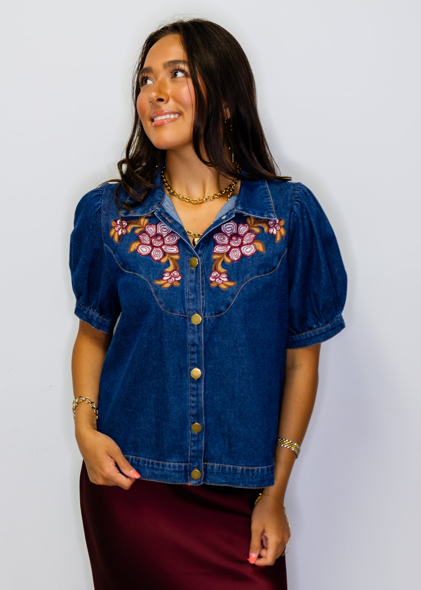 Denim Button Down Embroidered Top
