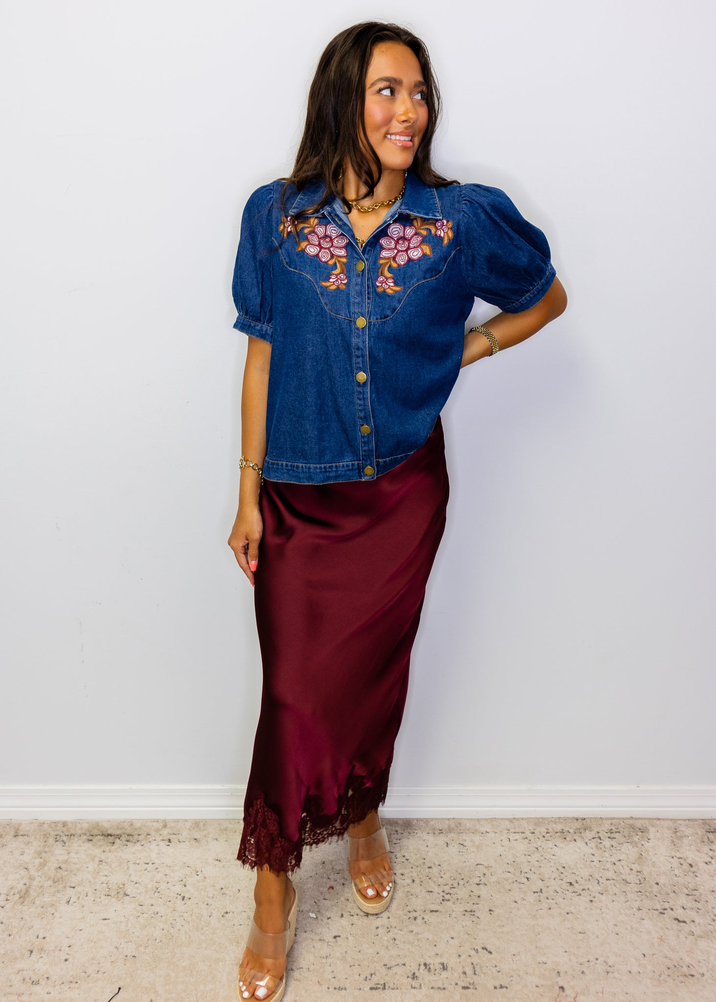 Denim Button Down Embroidered Top