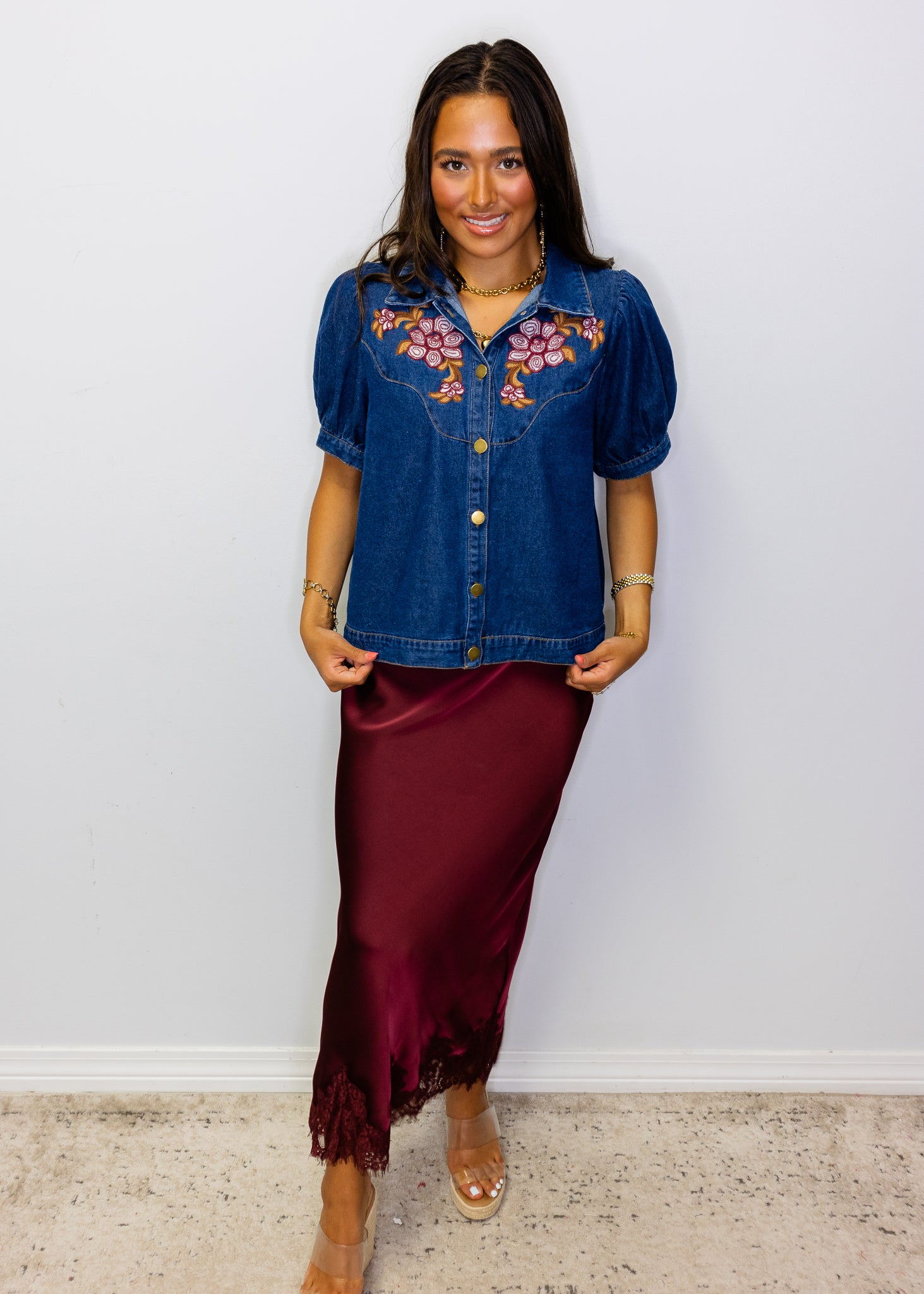 Denim Button Down Embroidered Top