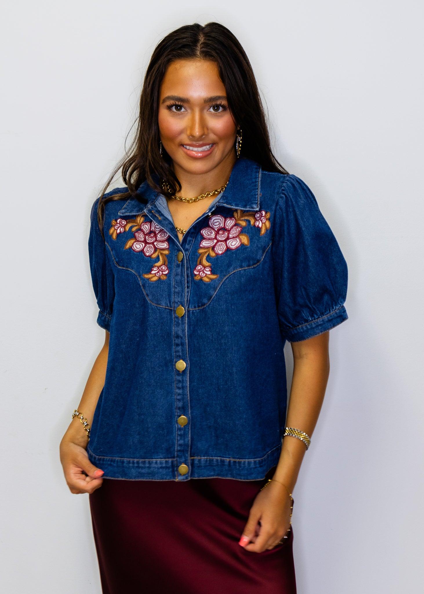 Denim Button Down Embroidered Top