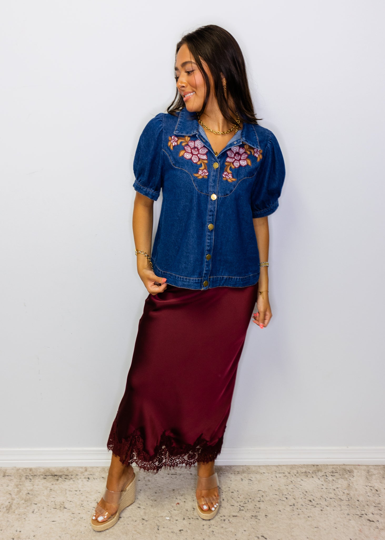 Denim Button Down Embroidered Top