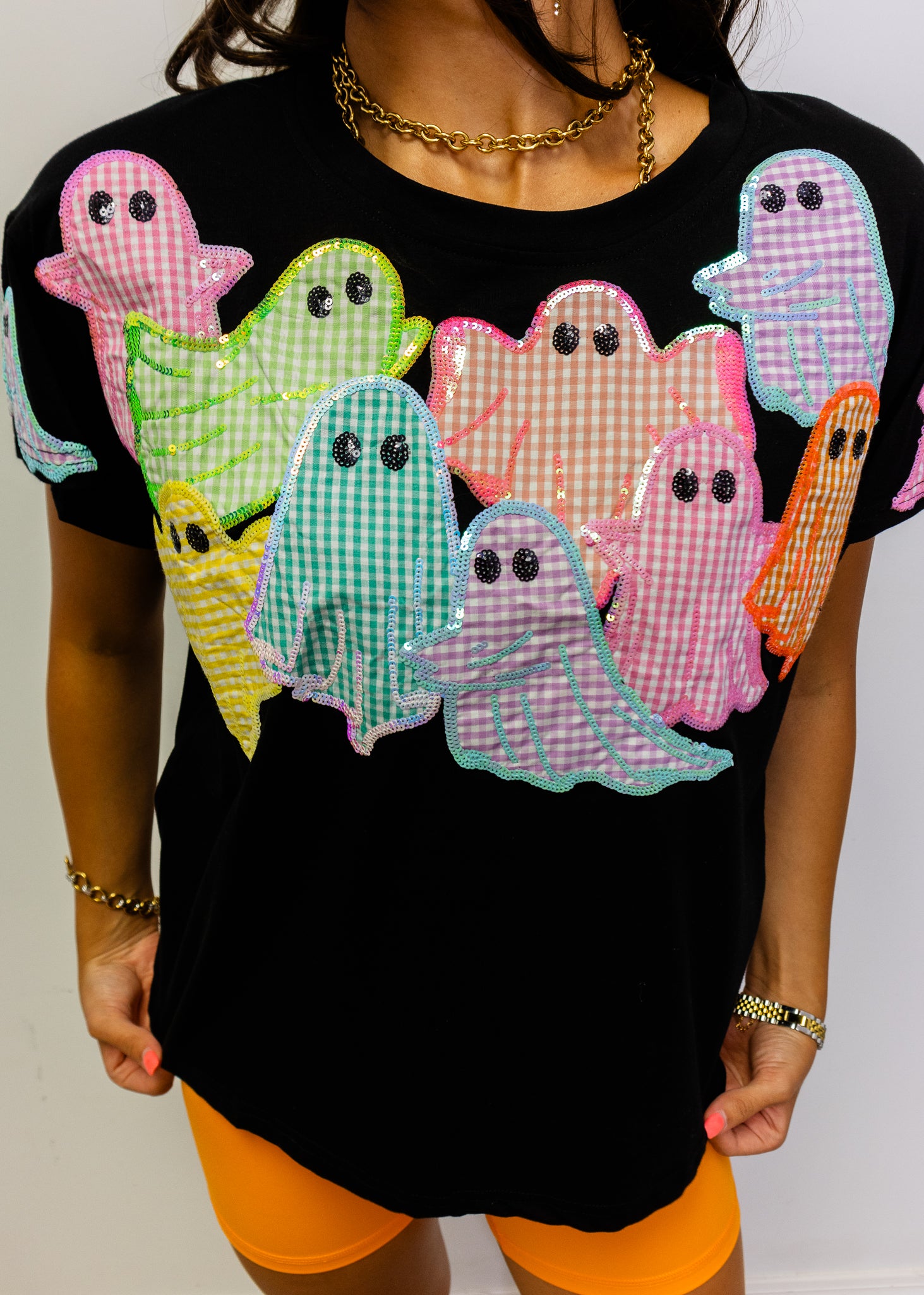 Black Multi Gingham Ghost Patch Tee
