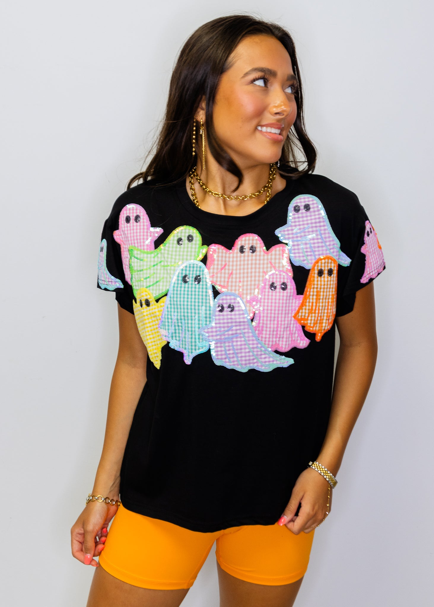 Black Multi Gingham Ghost Patch Tee