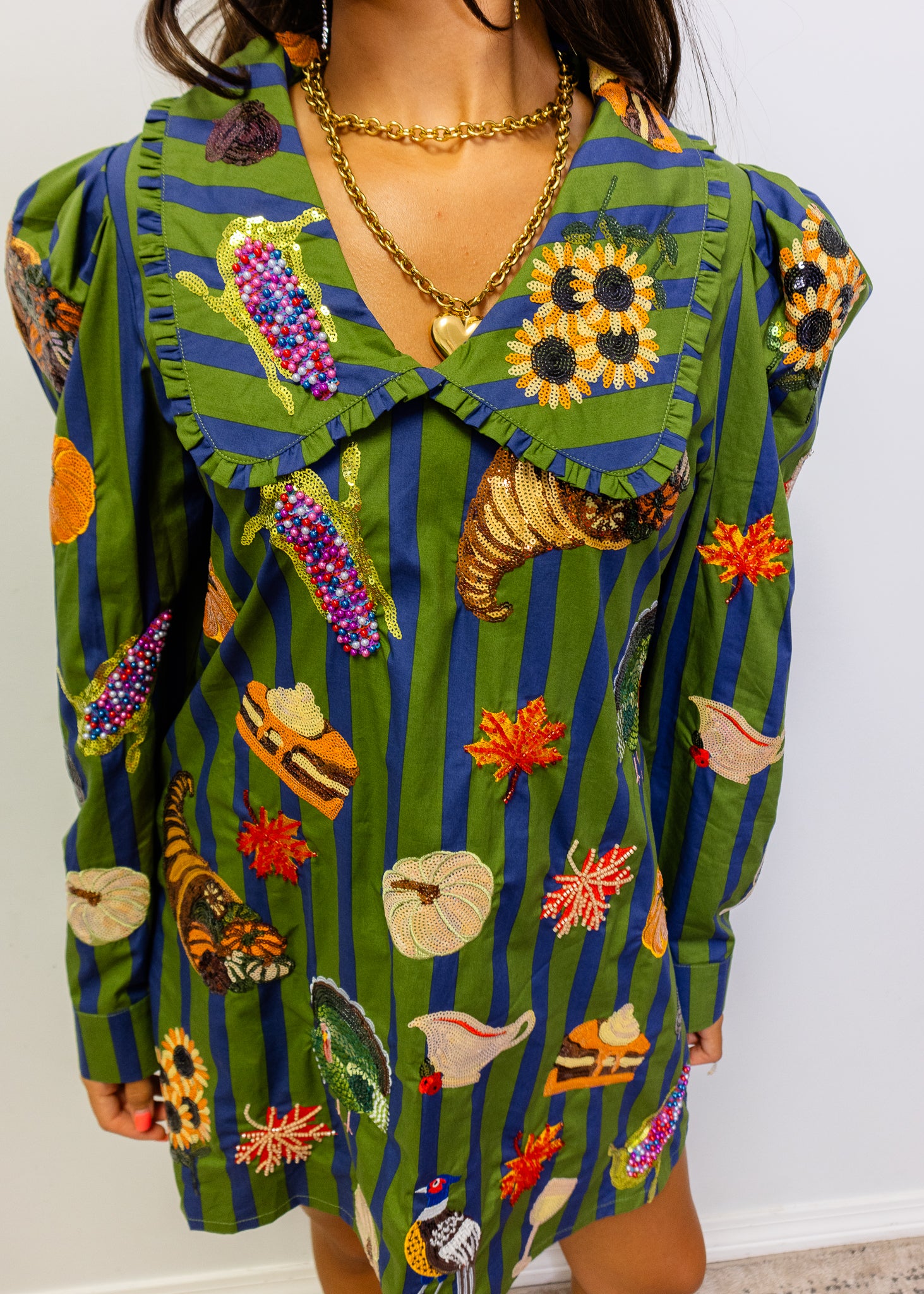 Dark Green & Blue Striped Thanksgiving Icon Collar Cotton Dress