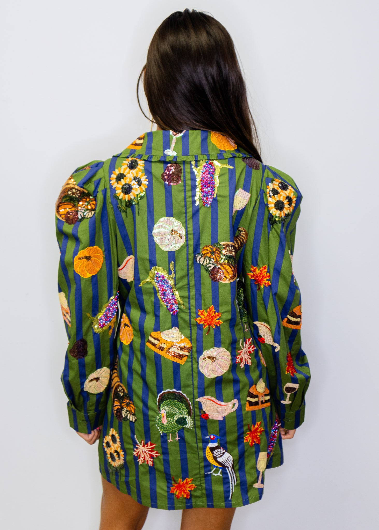 Dark Green & Blue Striped Thanksgiving Icon Collar Cotton Dress