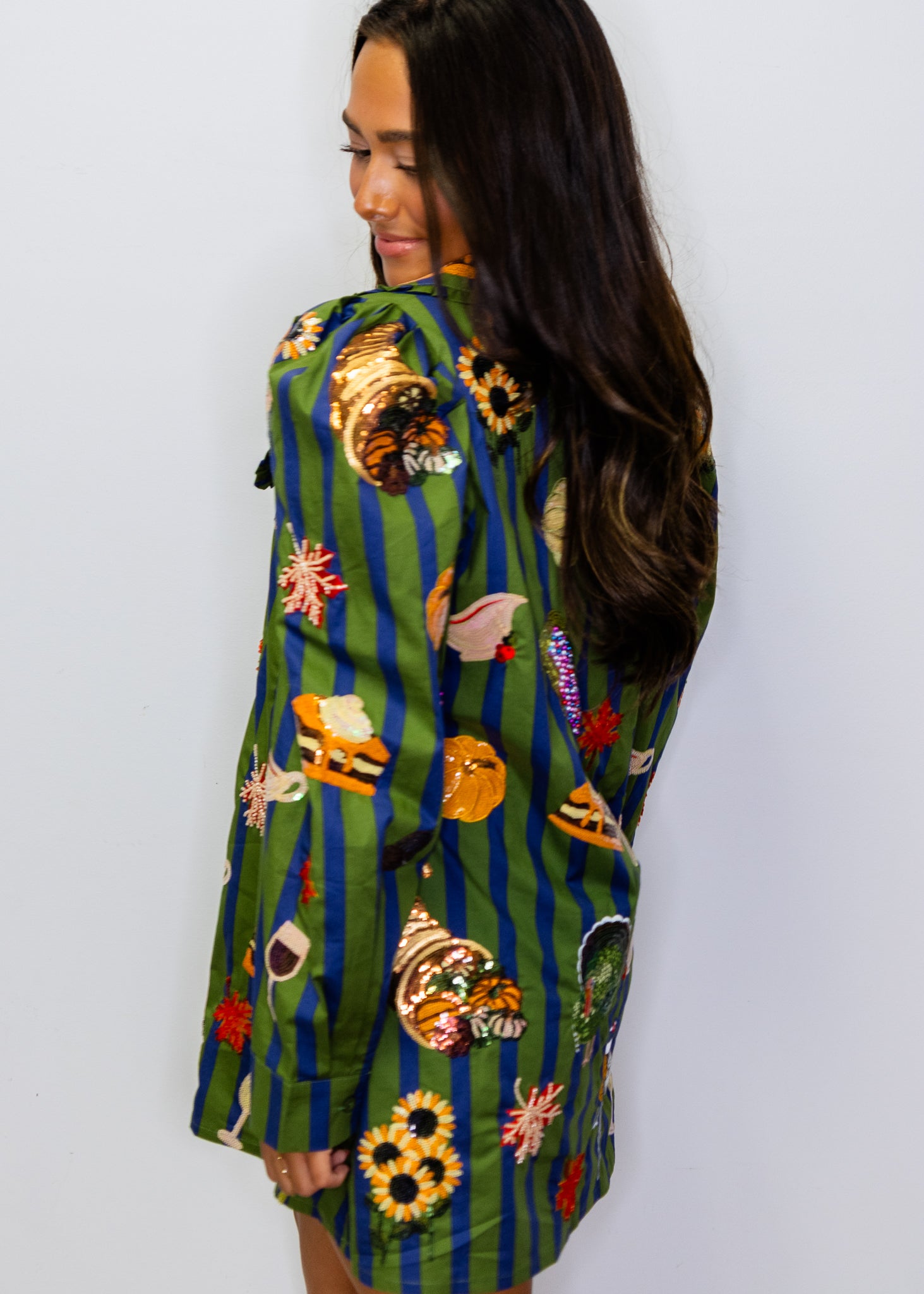 Dark Green & Blue Striped Thanksgiving Icon Collar Cotton Dress